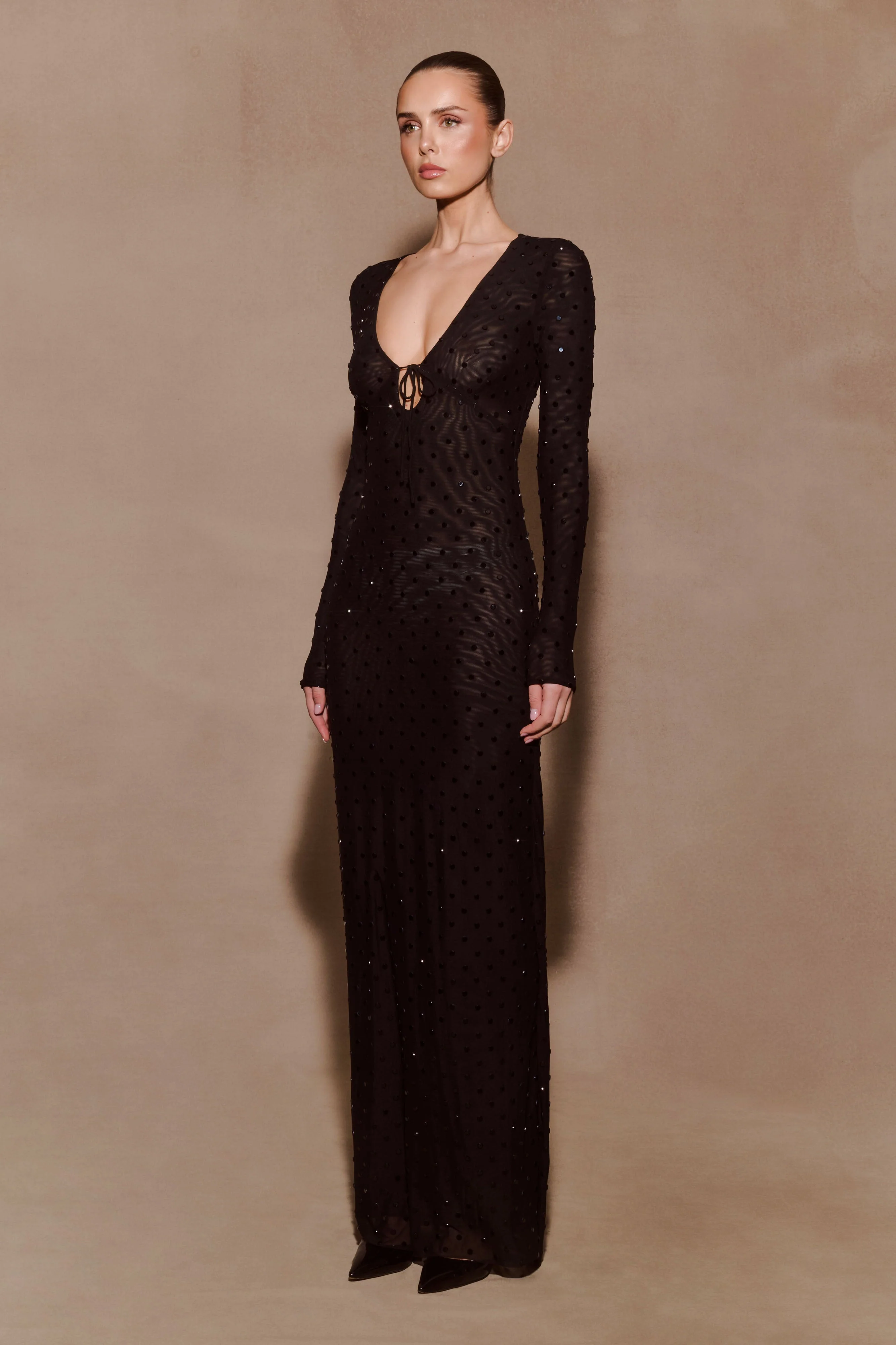 Acadia Diamante Long Sleeve Maxi Dress - Black - Image 4