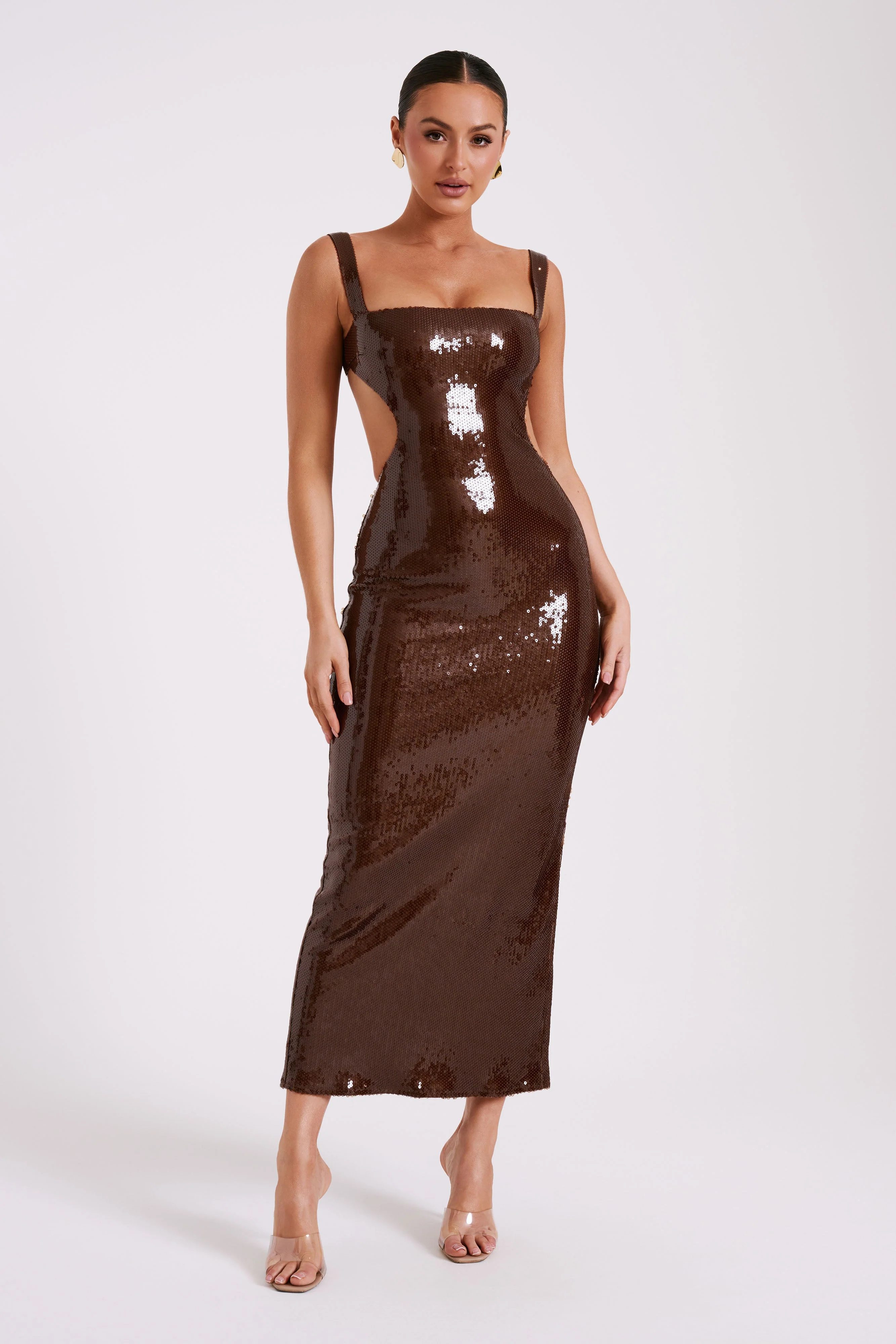 Adoria Sequin Cut Out Maxi Dress - Chocolate - Image 5