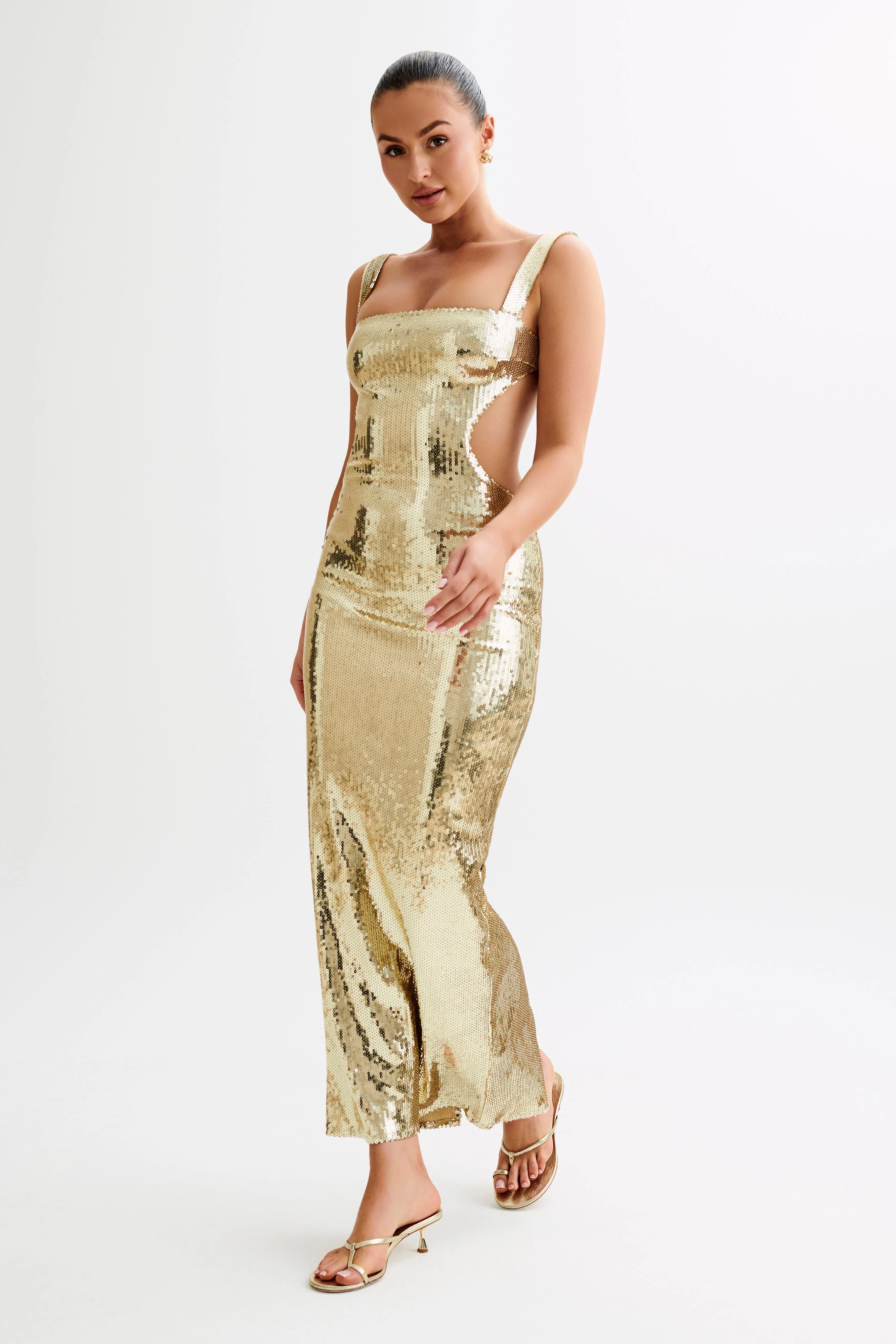Adoria Sequin Cut Out Maxi Dress - Gold - Image 9