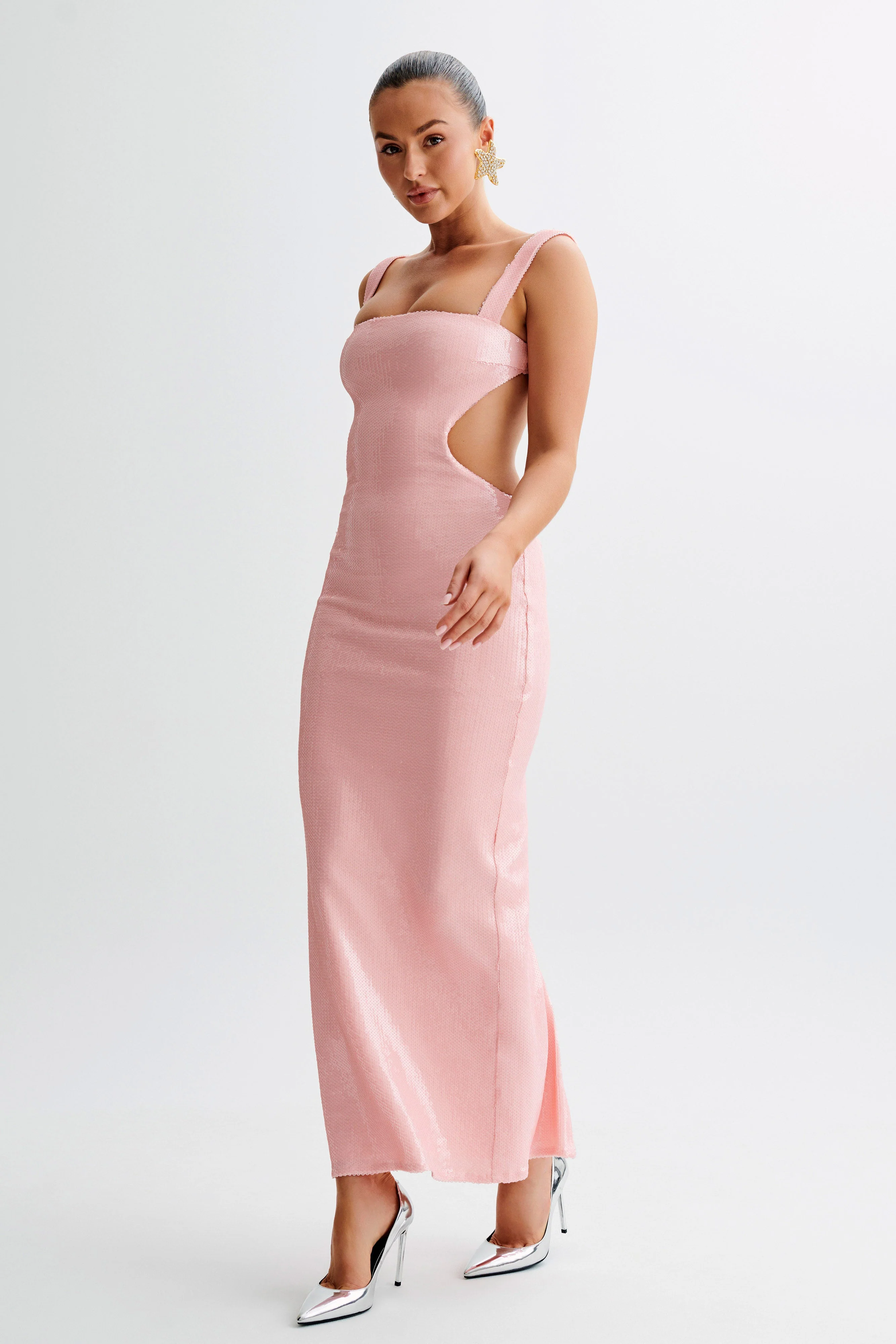 Adoria Sequin Cut Out Maxi Dress - Pale Pink - Image 5