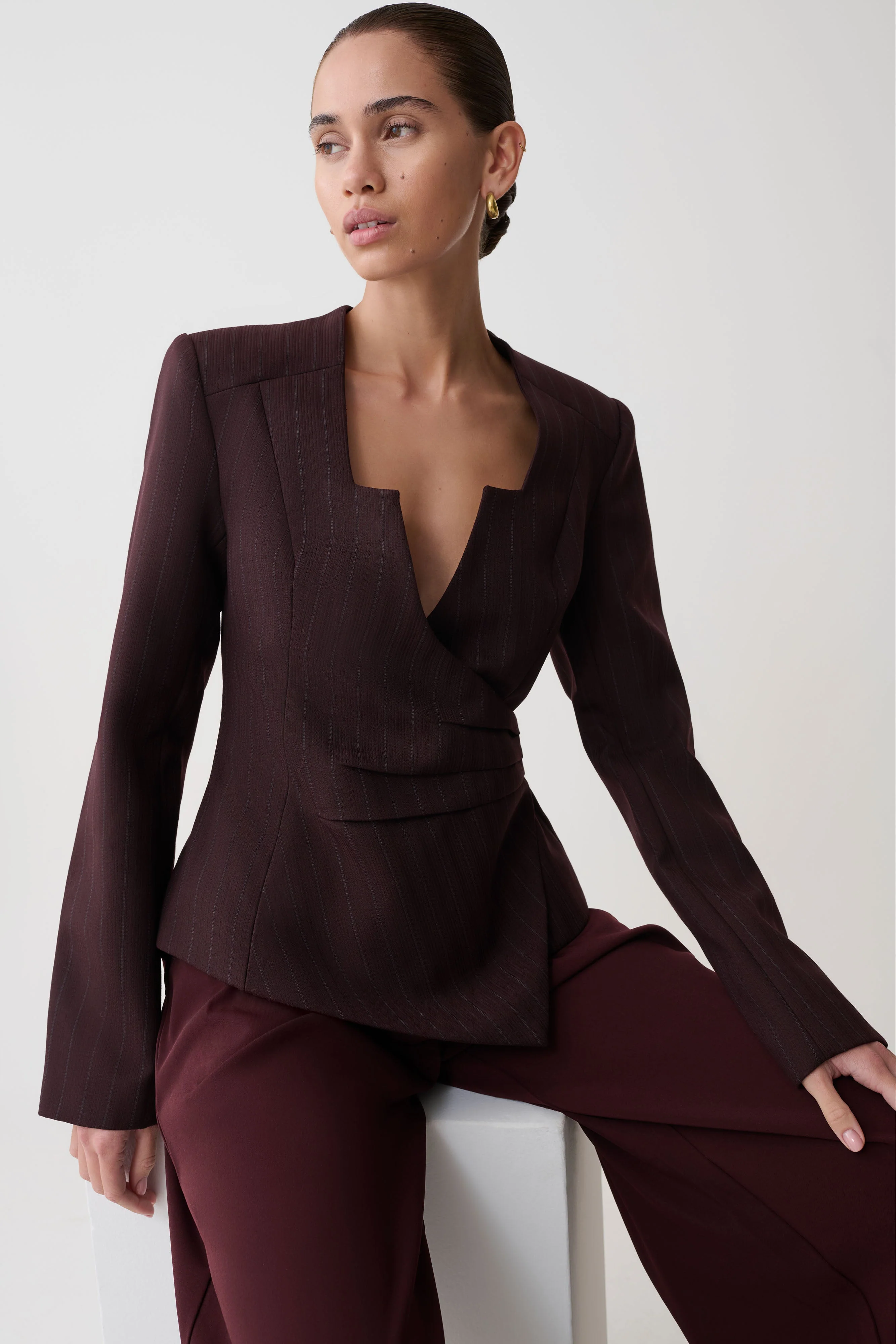 Agatha Square Neck Blazer - Plum Pinstripe - Image 8
