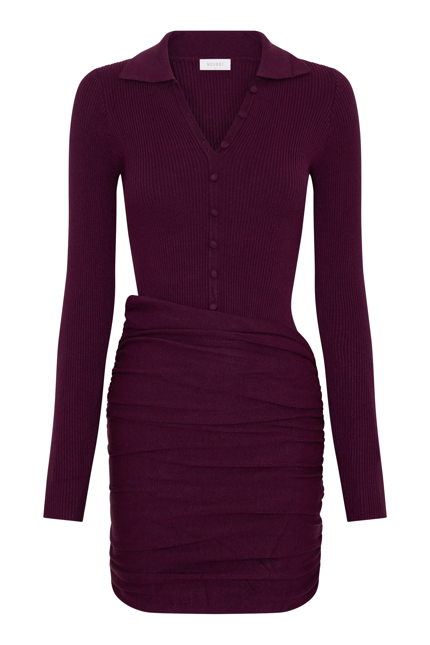 Agness Long Sleeve Button Up Knit Dress - Plum - Image 9
