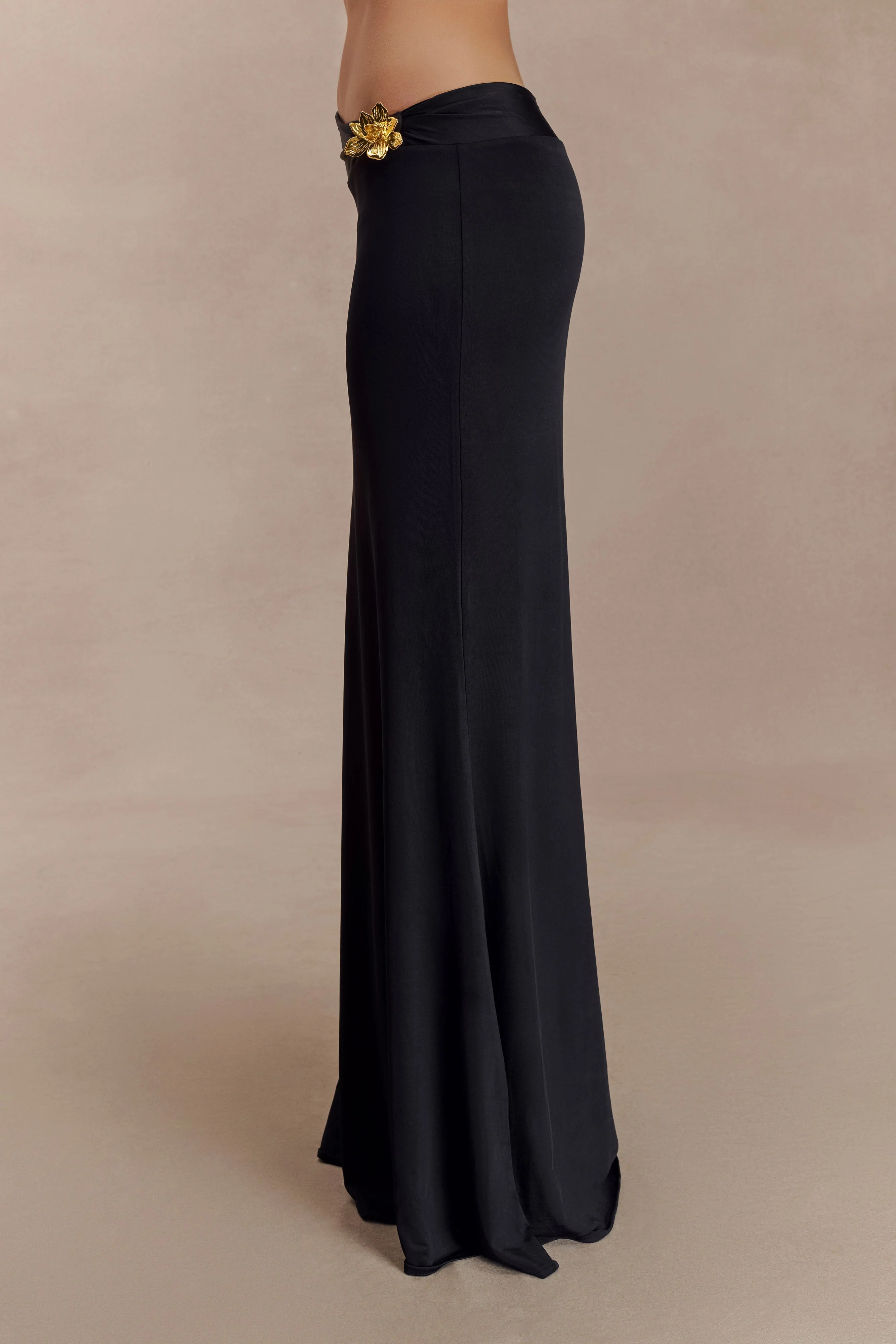 Ainsley Asymmetrical Maxi Skirt With Floral Hardware - Black - Image 4