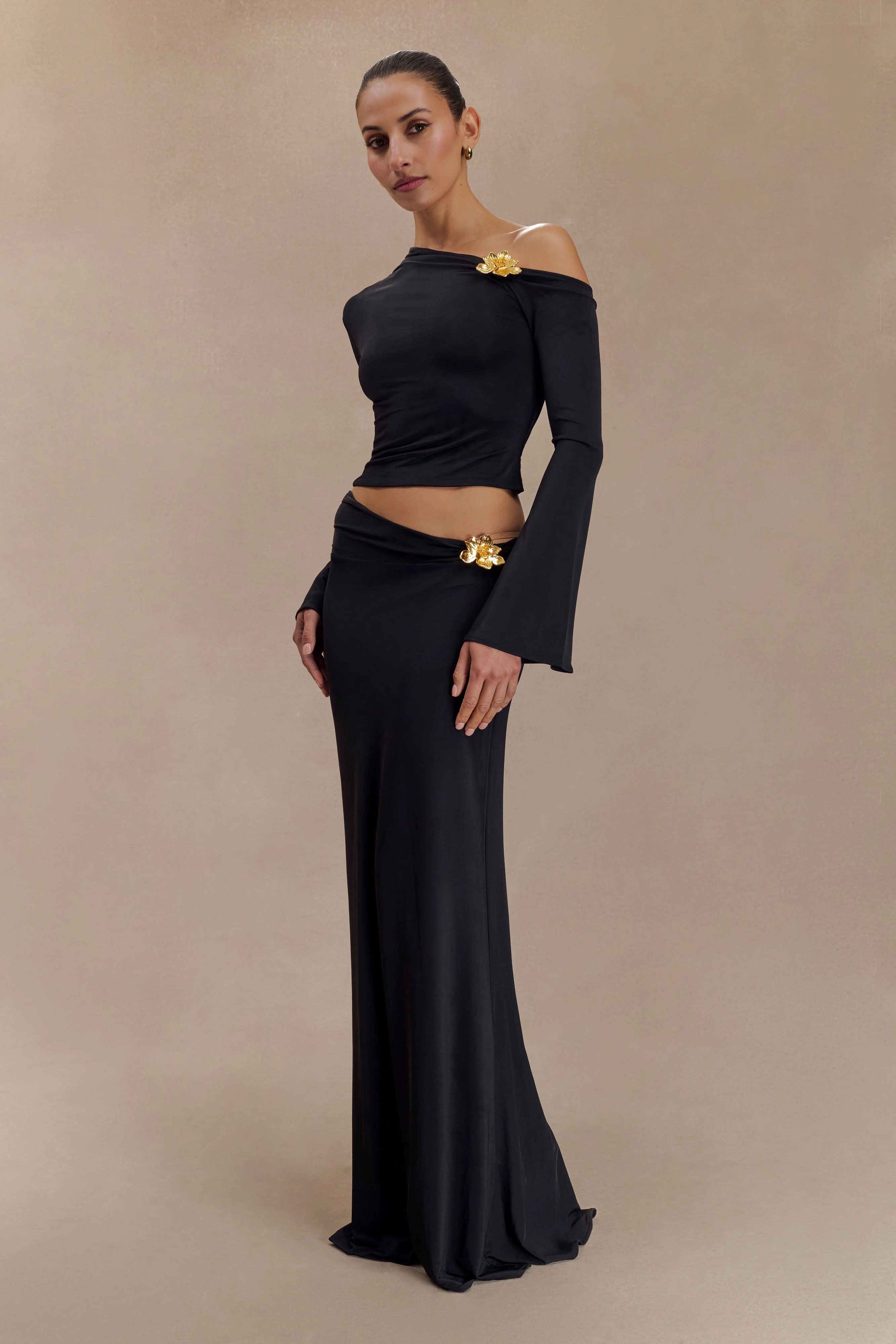 Ainsley Asymmetrical Maxi Skirt With Floral Hardware - Black - Image 7