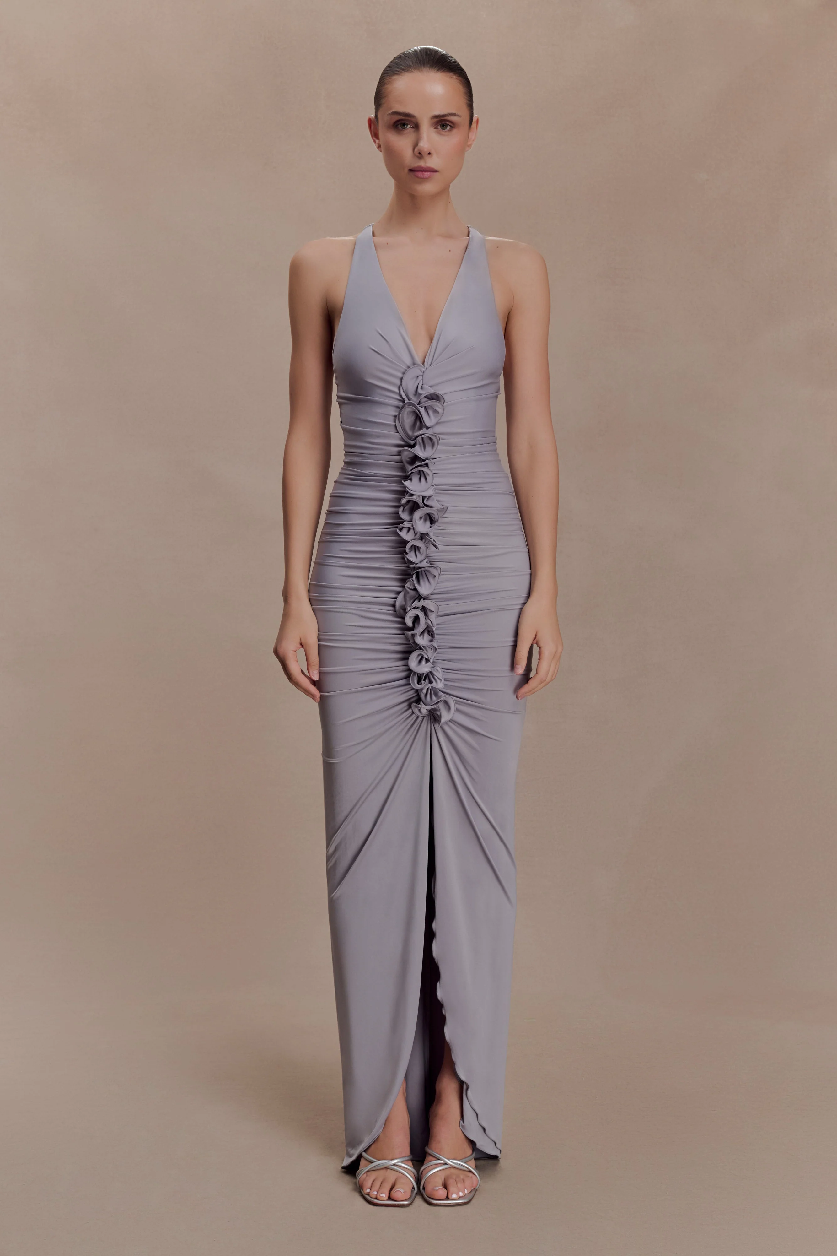Alessandra Slinky Ruffle Maxi Dress - Grey - Image 2