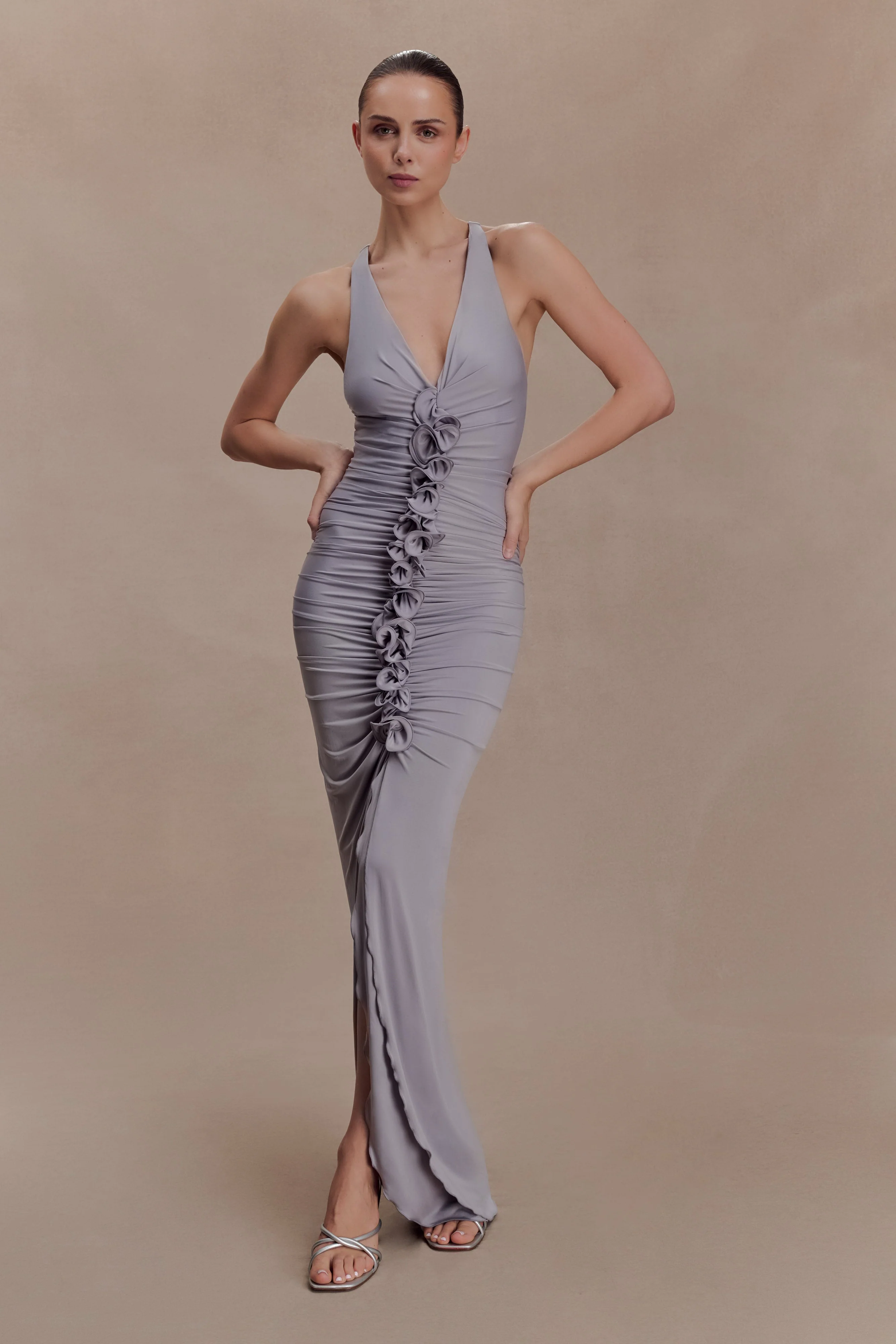 Alessandra Slinky Ruffle Maxi Dress - Grey - Image 7