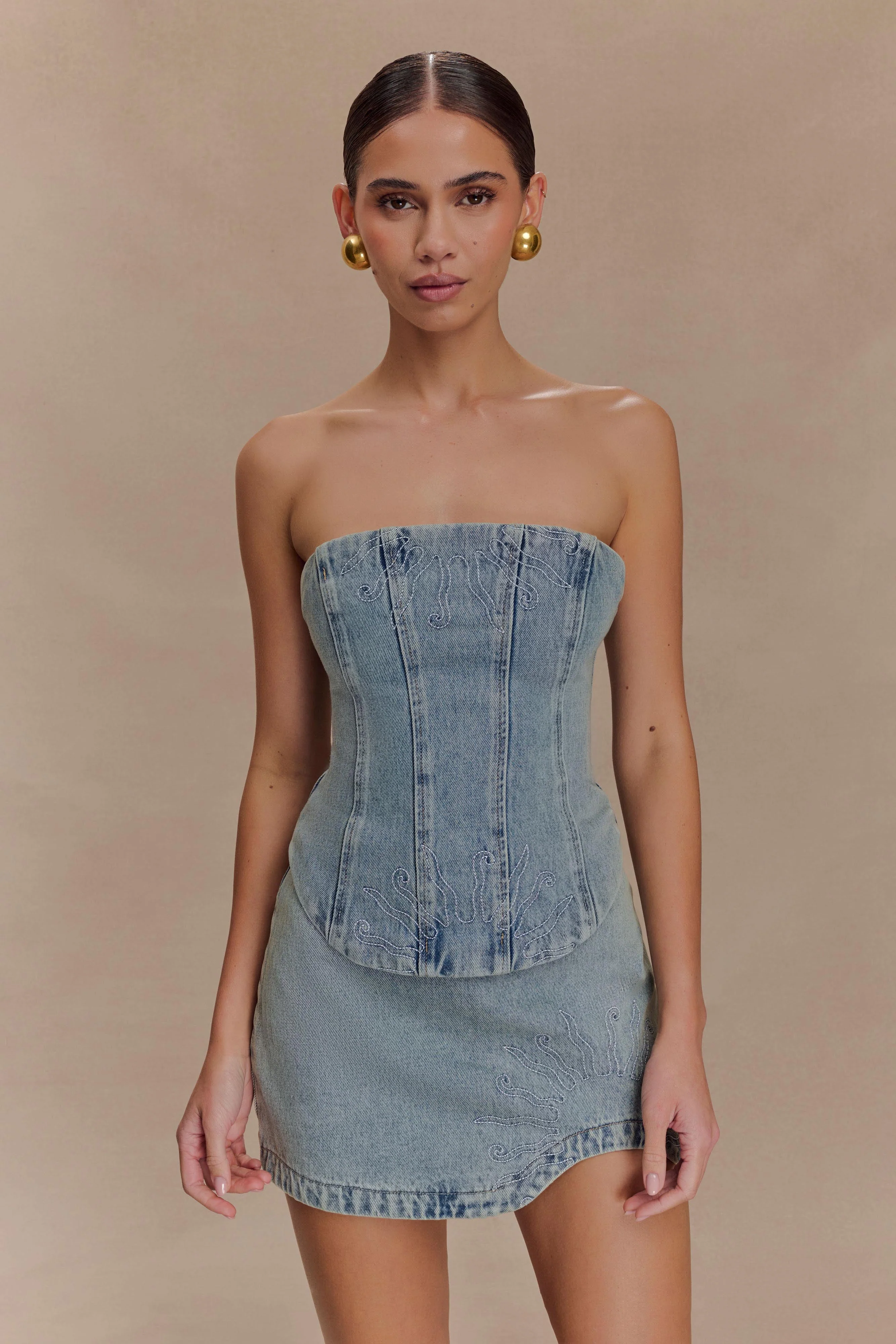 Alessia Embroidered Denim Mini Skirt - Light Vintage - Image 3