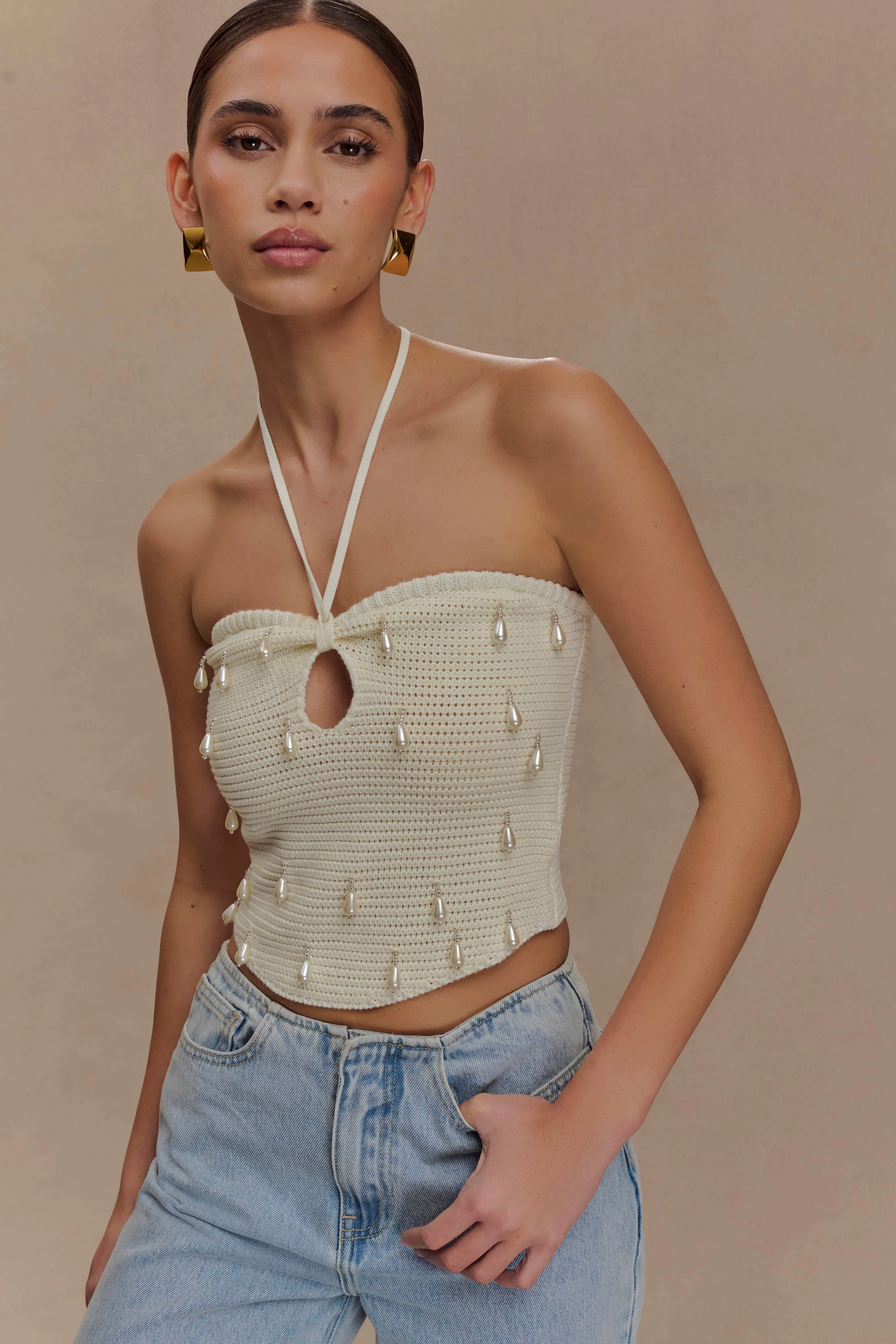 Aletta Knit Pearl Halter Top - Ivory - Image 2