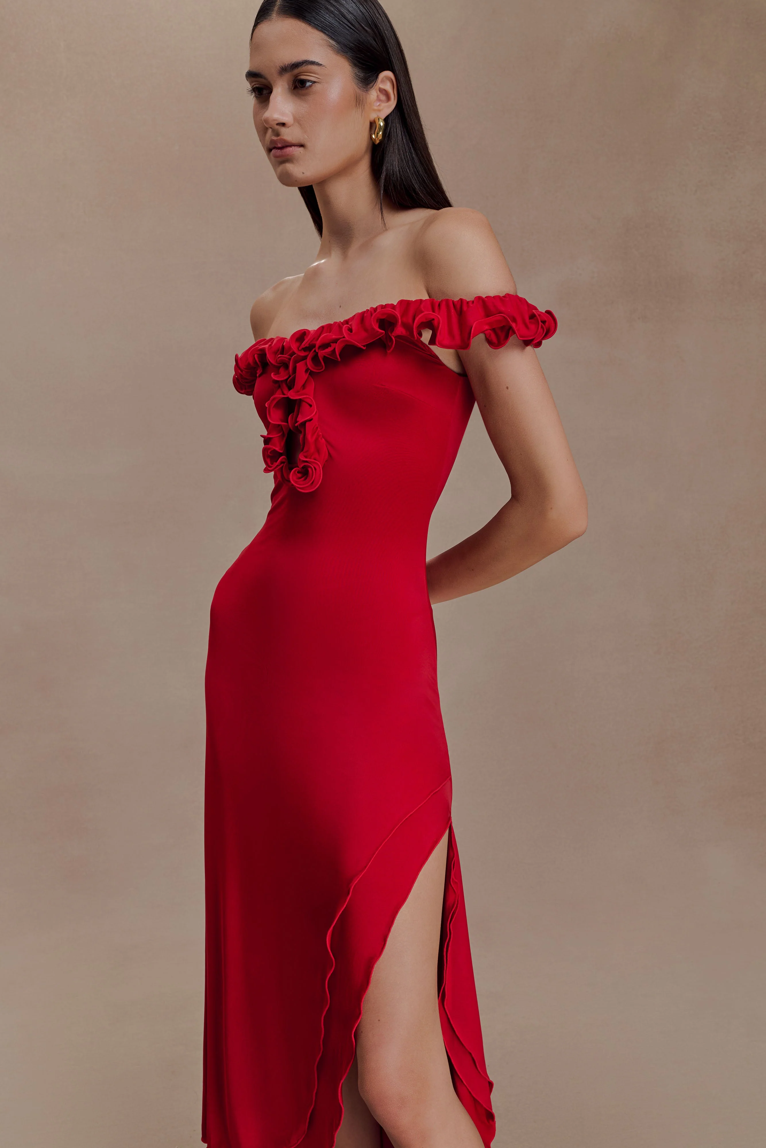 Allegra Off Shoulder Ruffle Midi Dress - Ruby - Image 3