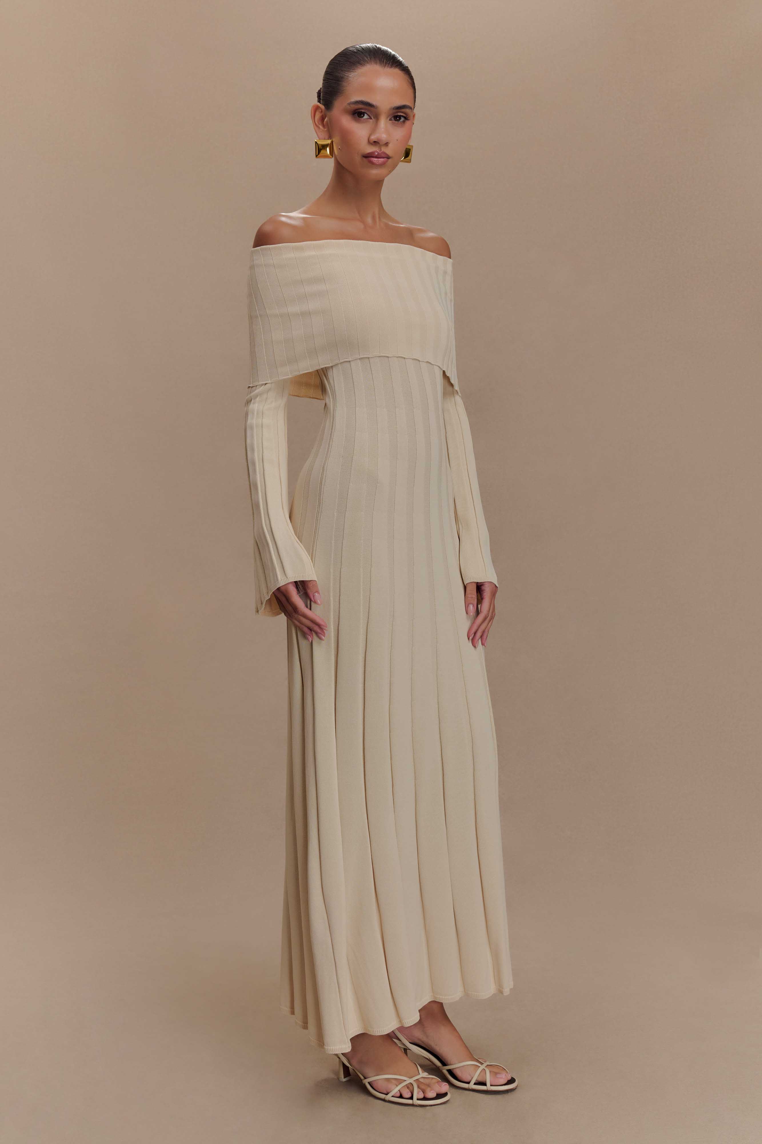 Alonza Long Sleeve Knit Midi Dress - Cream - Image 4