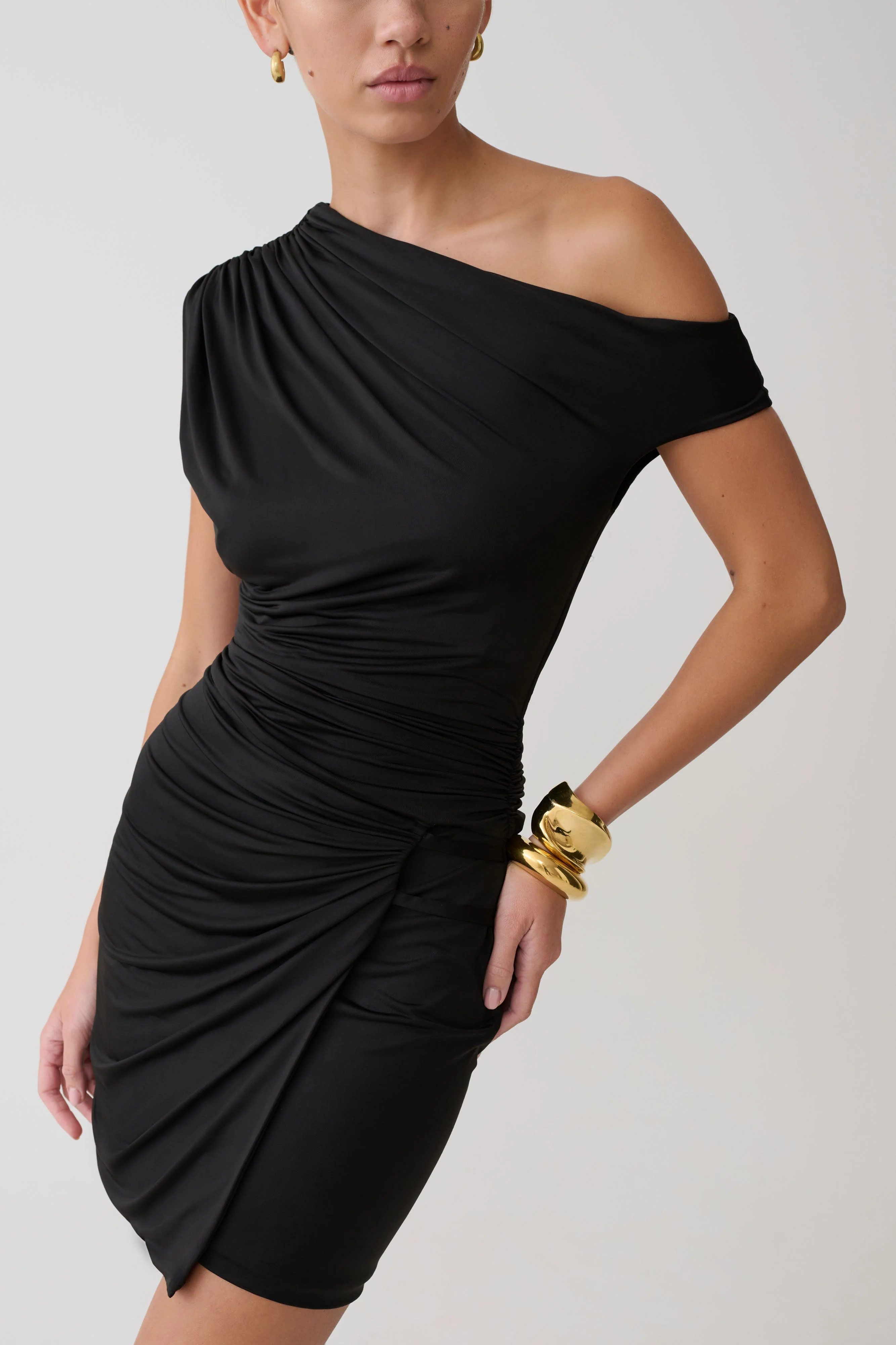 Alyn Off Shoulder Draped Mini Dress - Black - Image 7