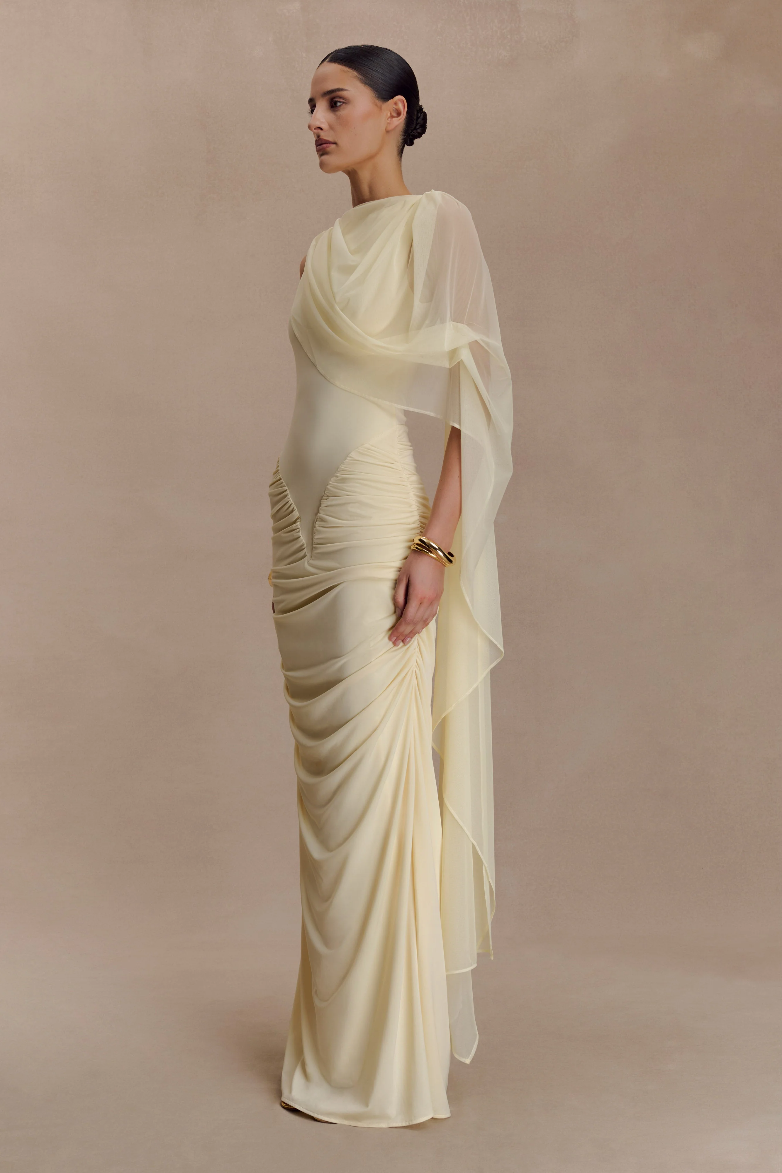 Amandine Ruched Slinky Maxi Dress - Lemon - Image 3