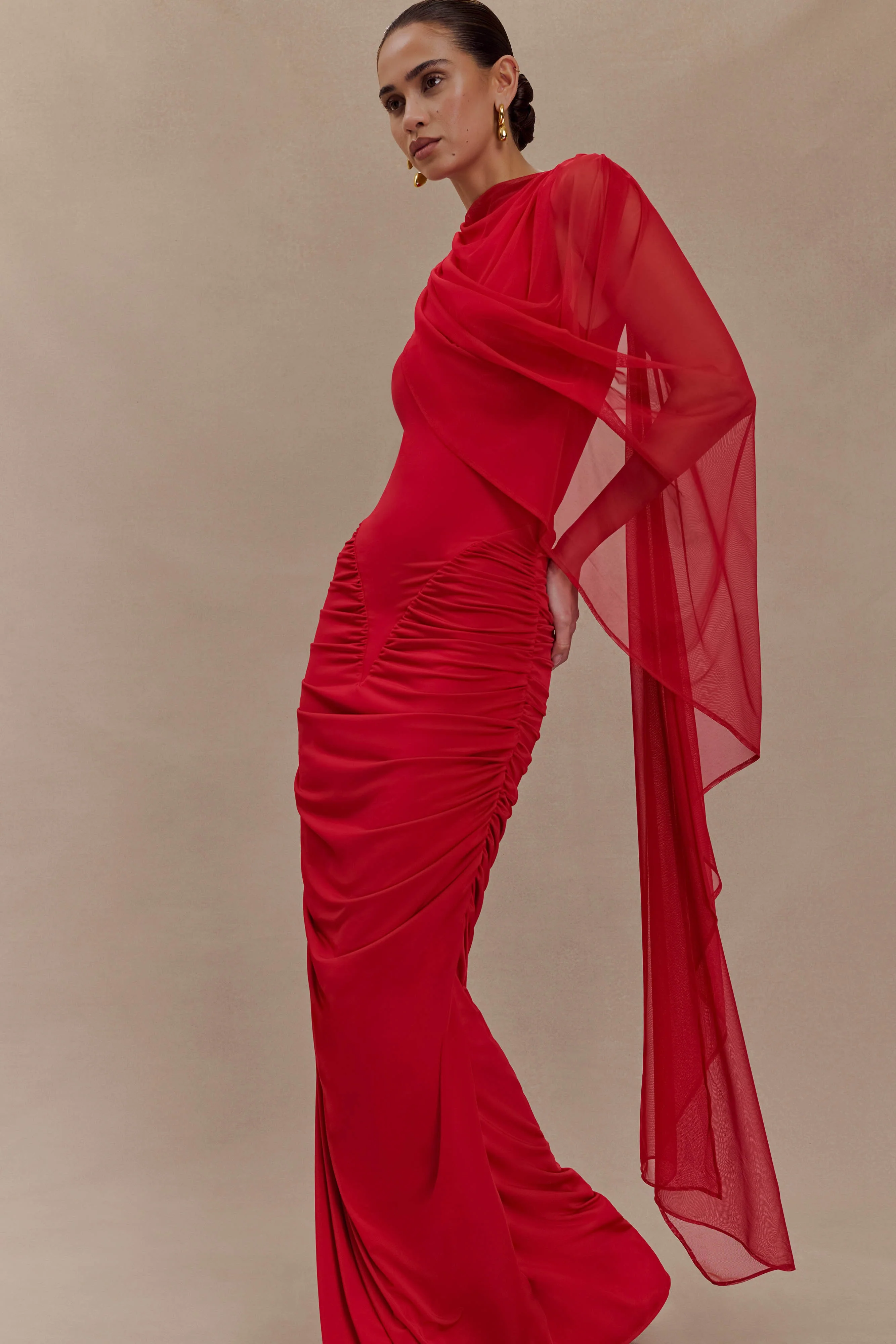 Amandine Ruched Slinky Maxi Dress - Ruby - Image 3