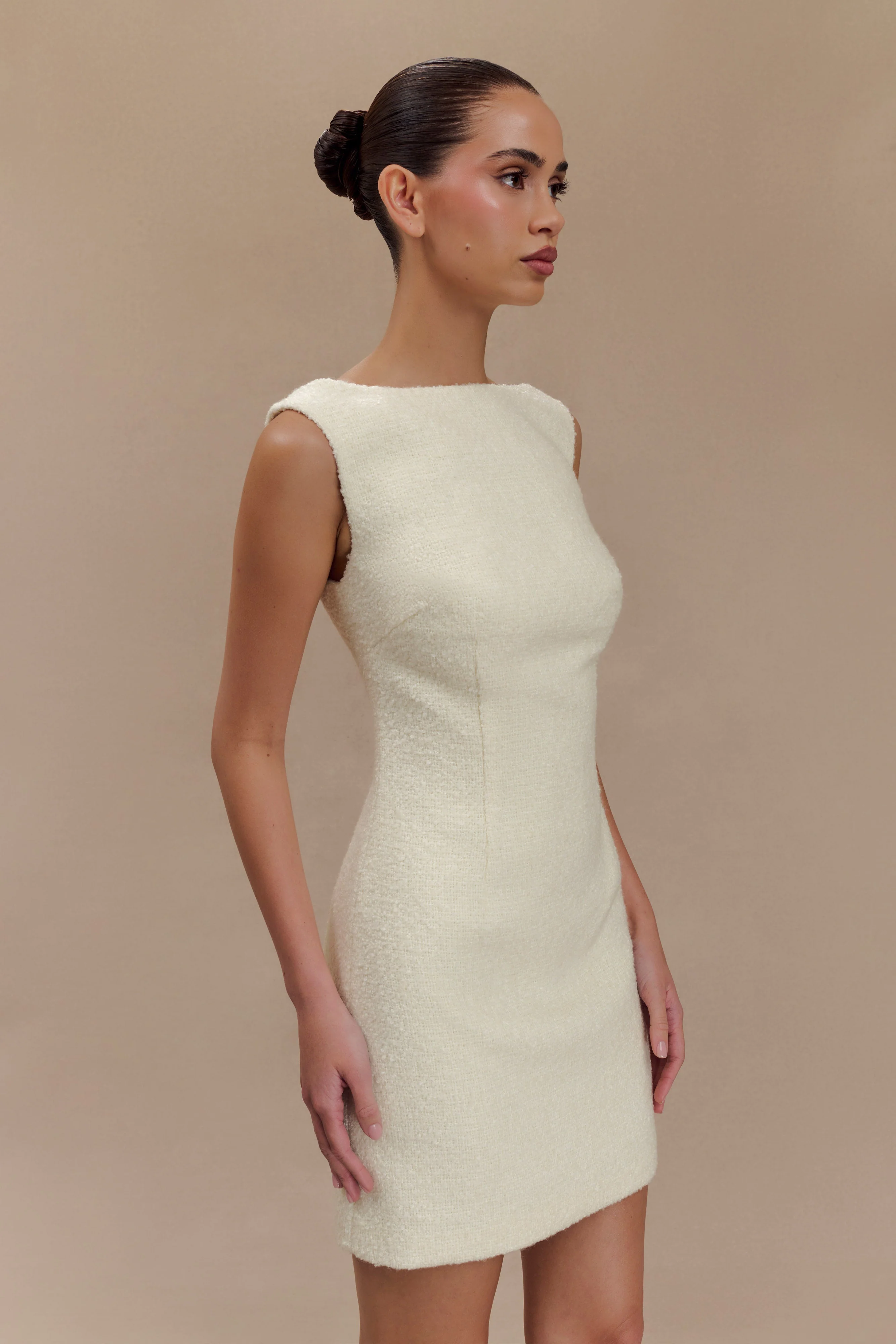 Angela Textured Boucle Mini Dress - Ivory - Image 3