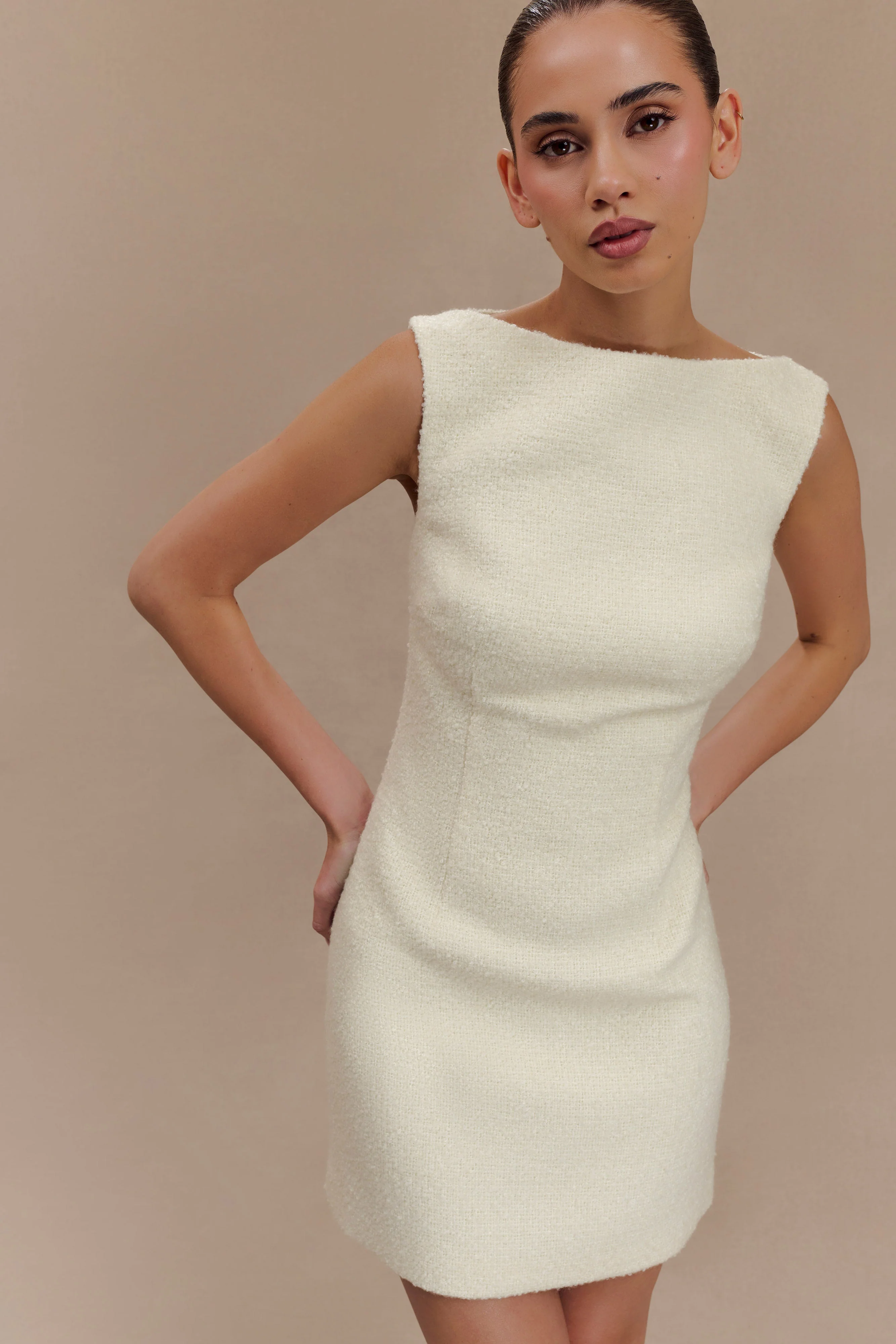 Angela Textured Boucle Mini Dress - Ivory - Image 7