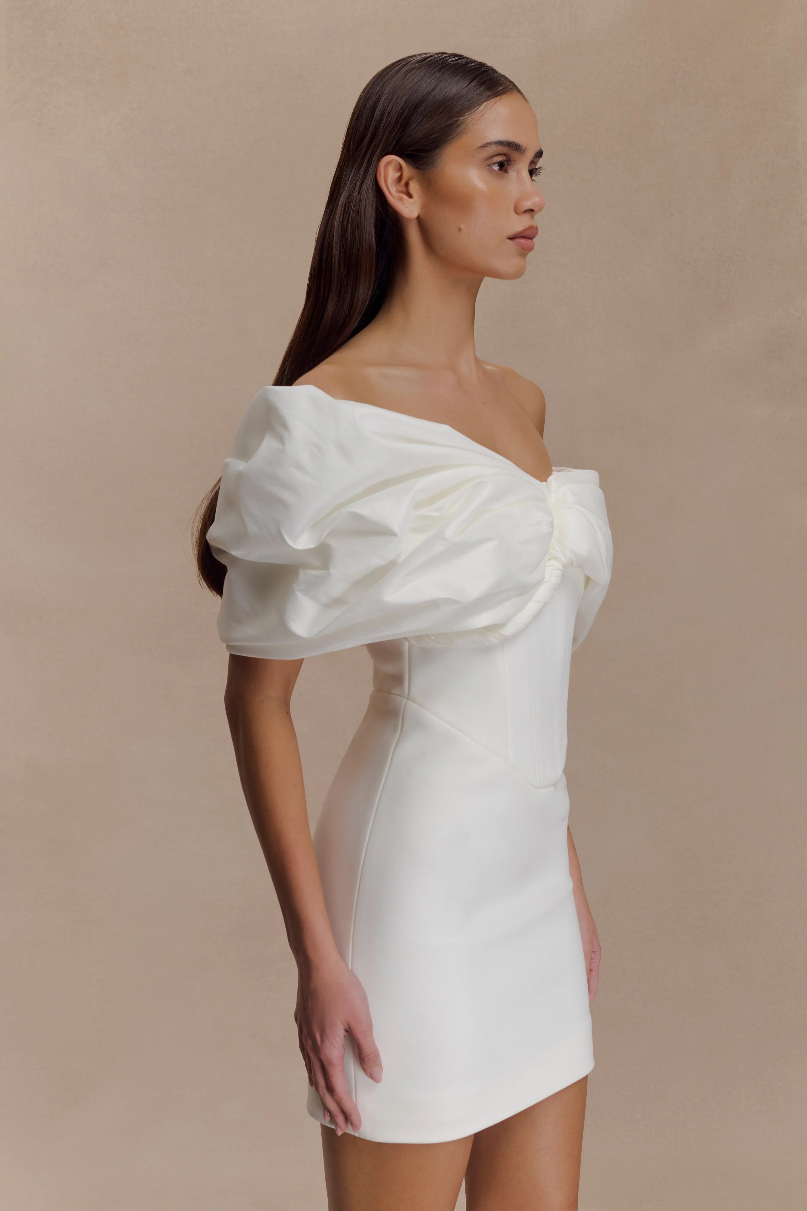 Aphrodite Off Shoulder Crepe Mini Dress - Ivory - Image 6