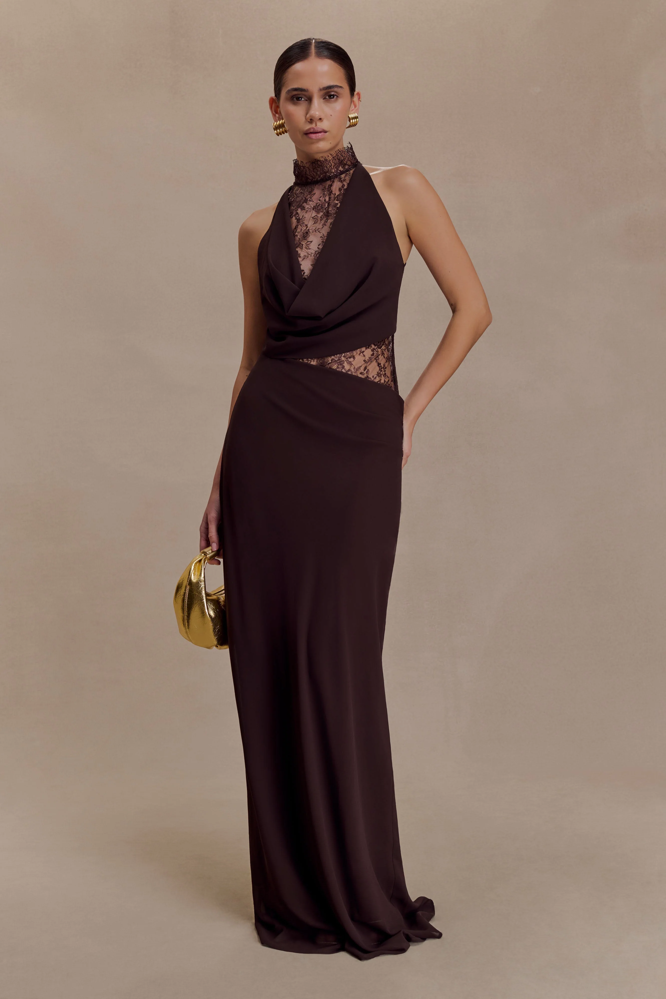 Arra Chiffon And Lace Halter Maxi Dress - Cacao Brown - Image 5