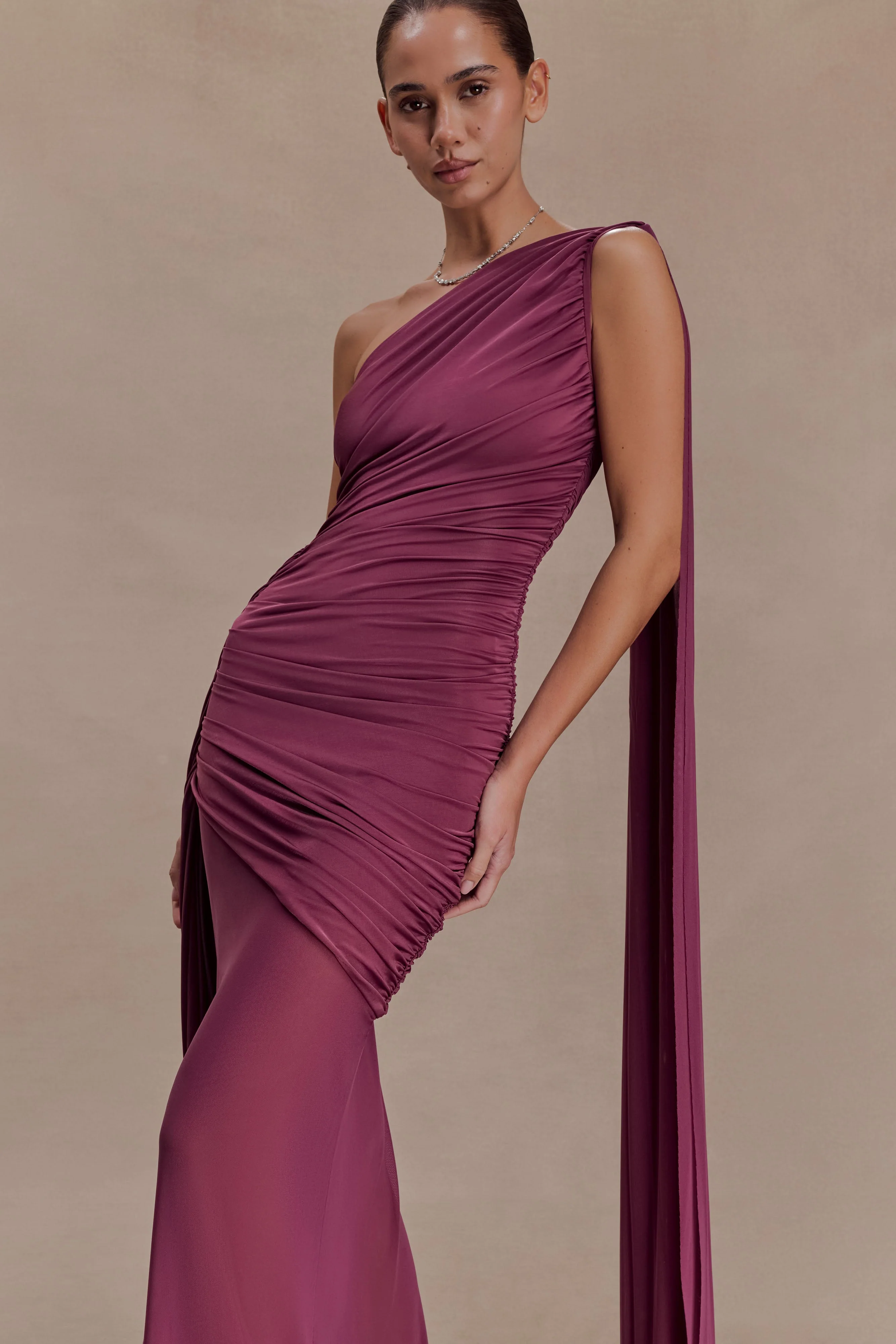 Asher Slinky One Shoulder Maxi Dress - Neutral Plum - Image 3