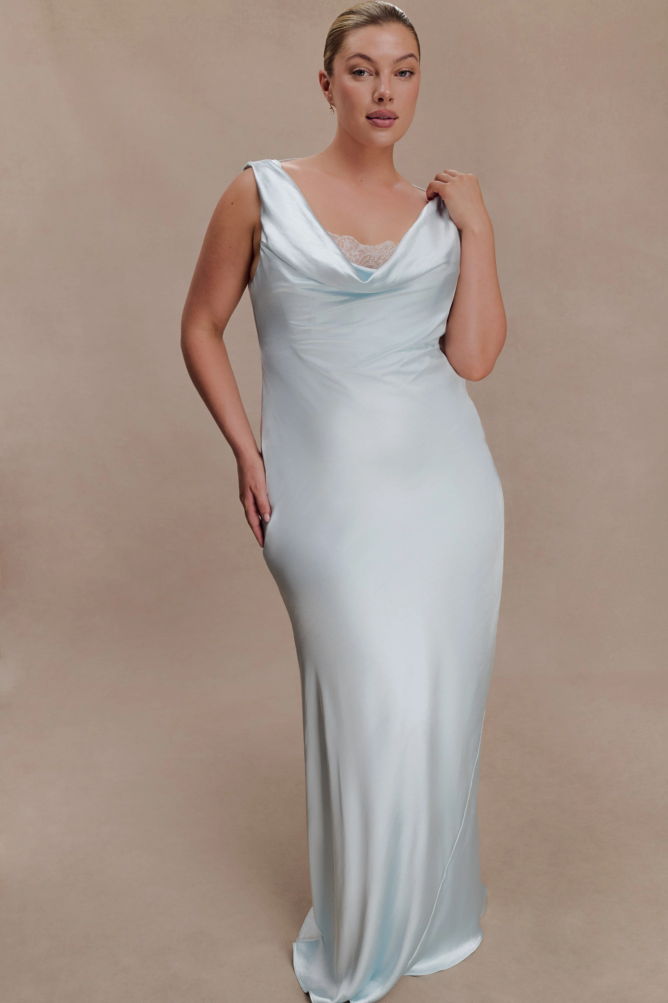 Ashley Cowl Neck Lace And Satin Maxi Dress - Ice Blue - Image 6