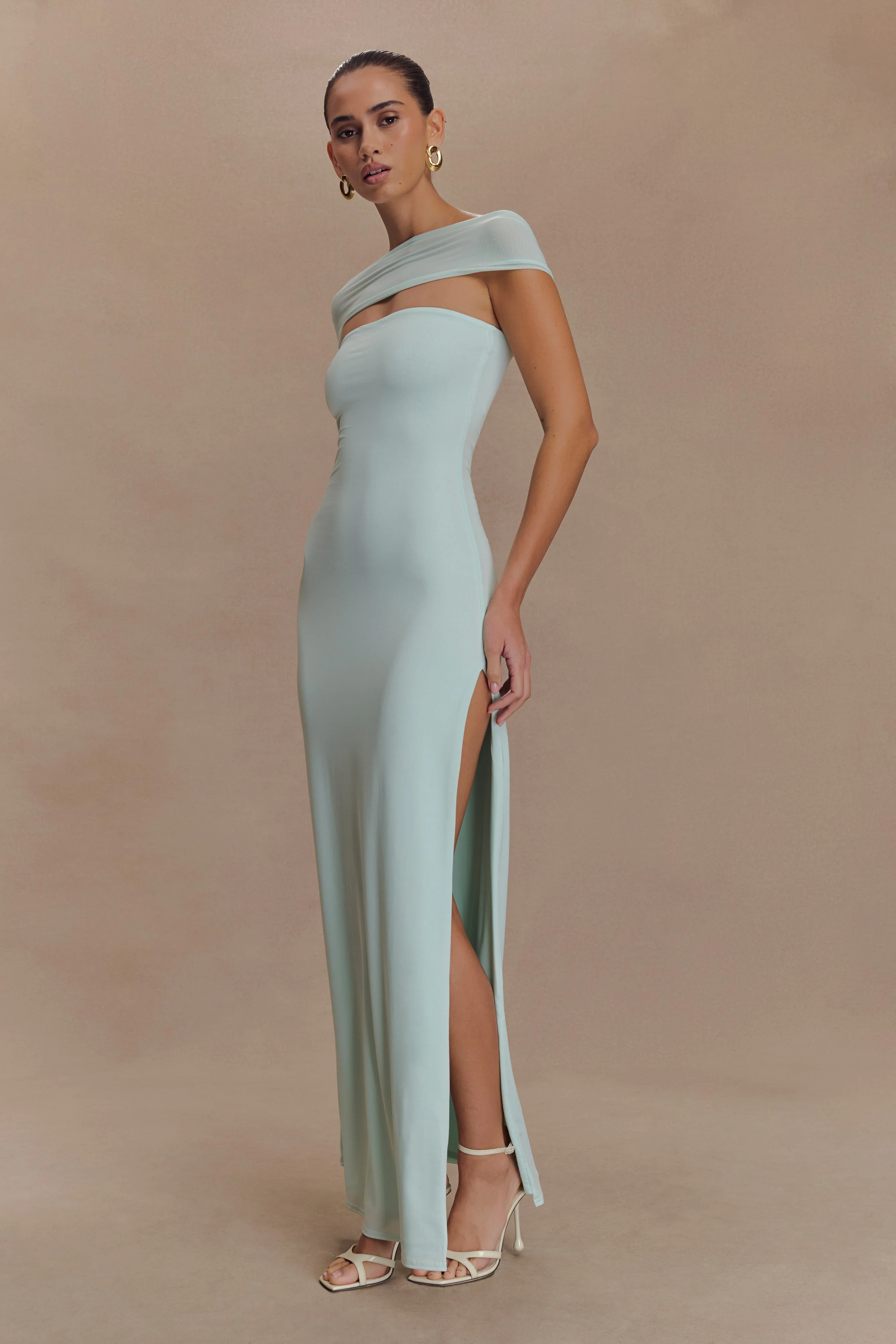 Aurora Slinky And Mesh Split Maxi Dress - Lagoon - Image 4