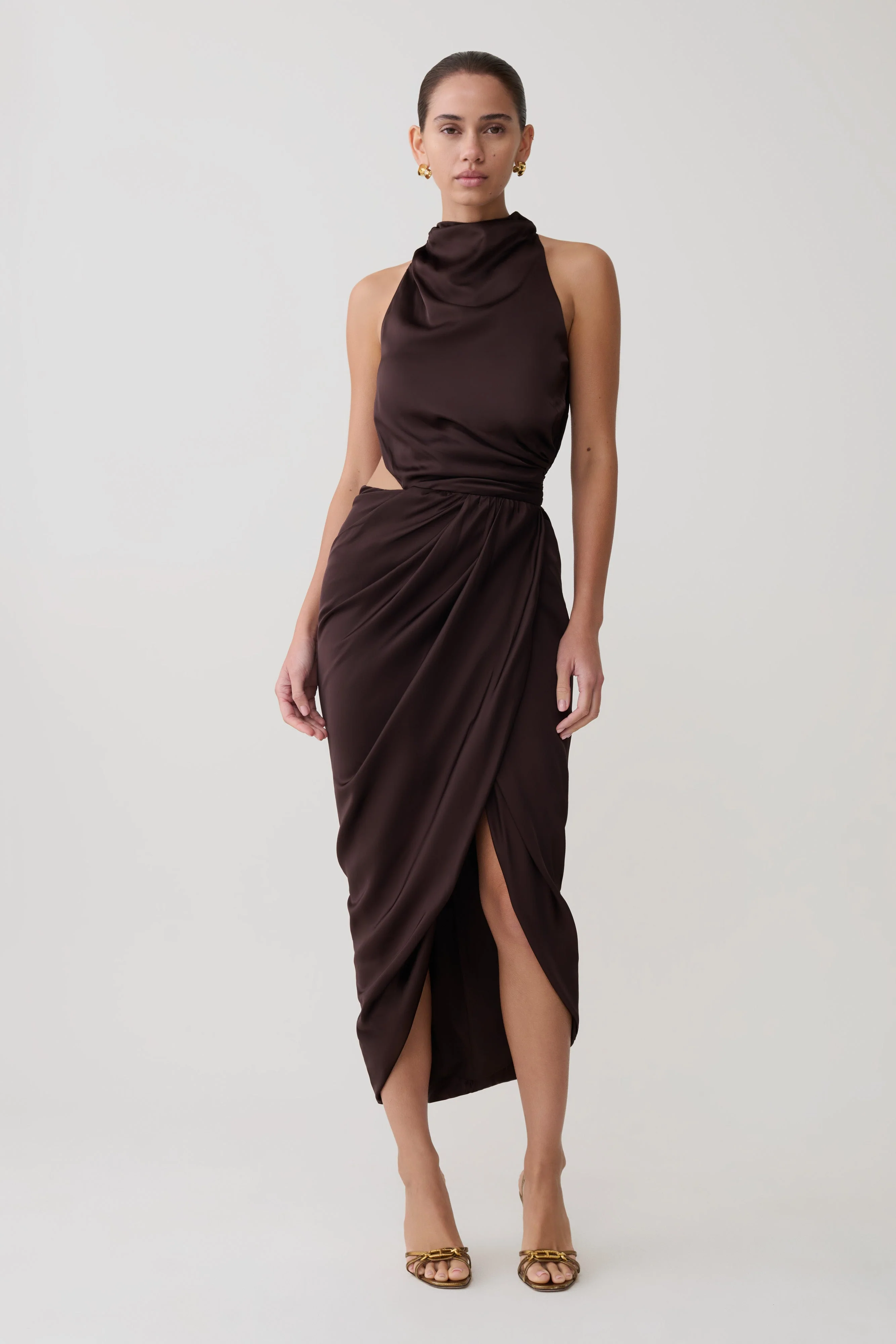 Aveline Draped Halter Midi Dress - Dark Chocolate - Image 2