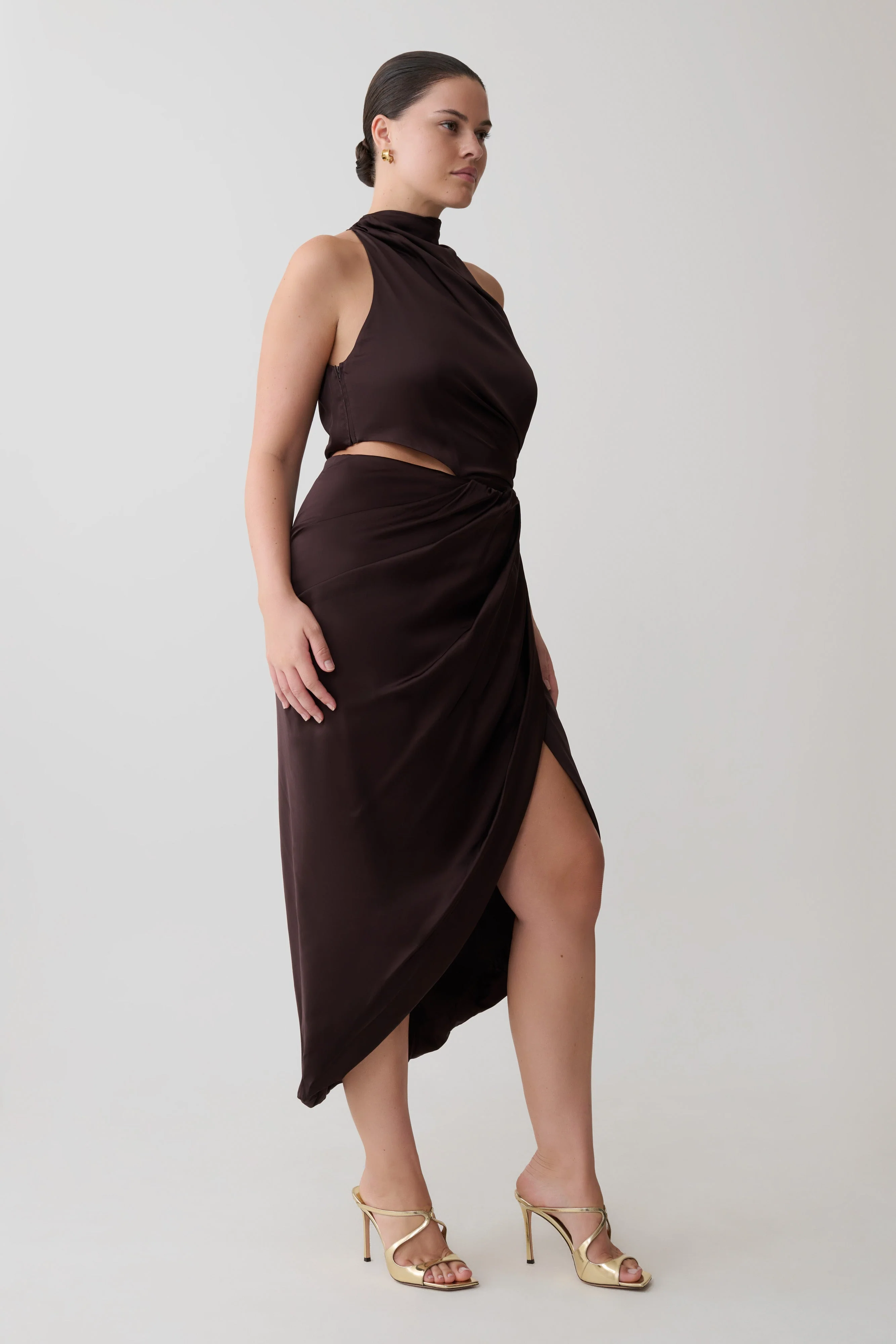 Aveline Draped Halter Midi Dress - Dark Chocolate - Image 5