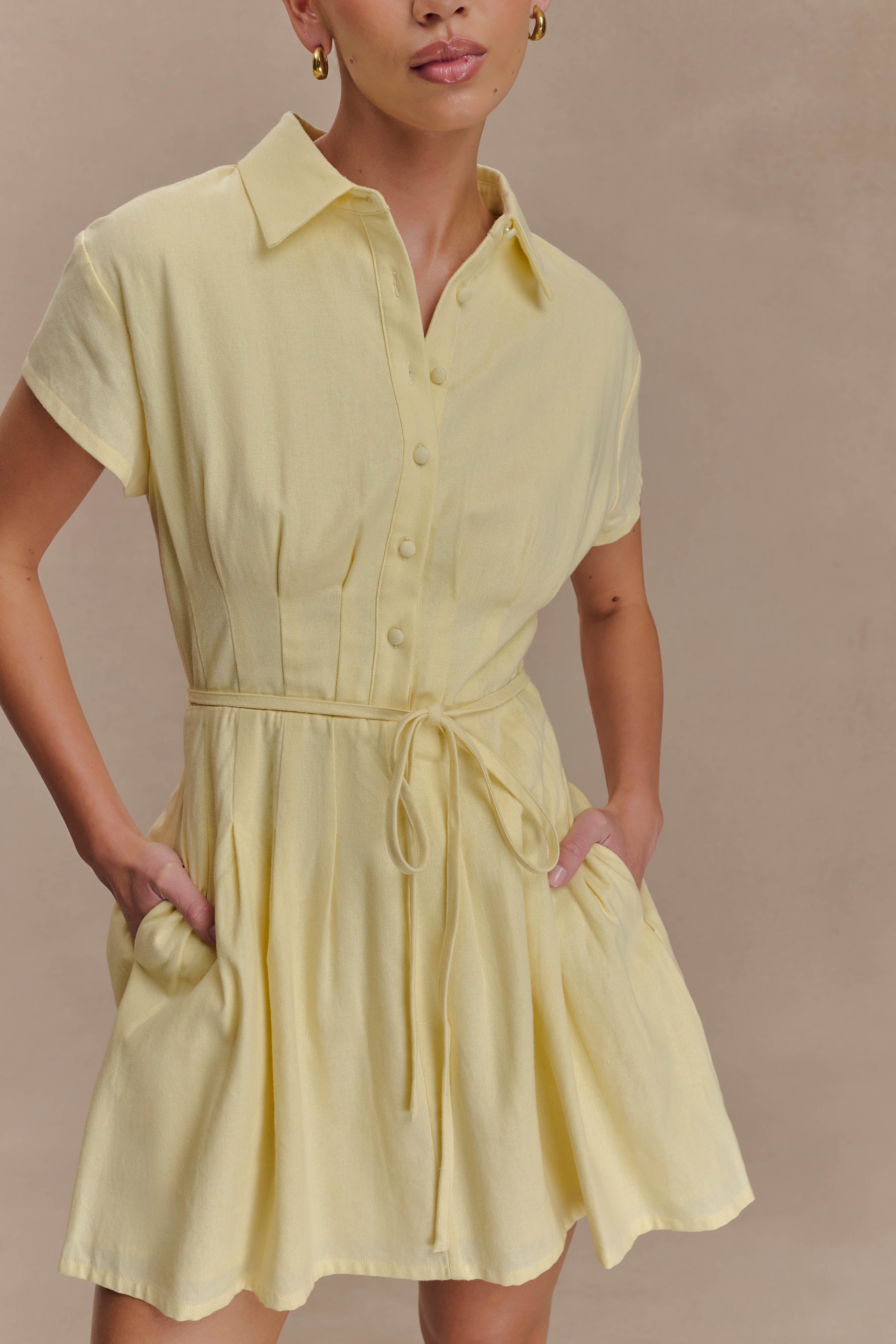 Aysha Buttoned Linen Mini Dress - Lemon - Image 4