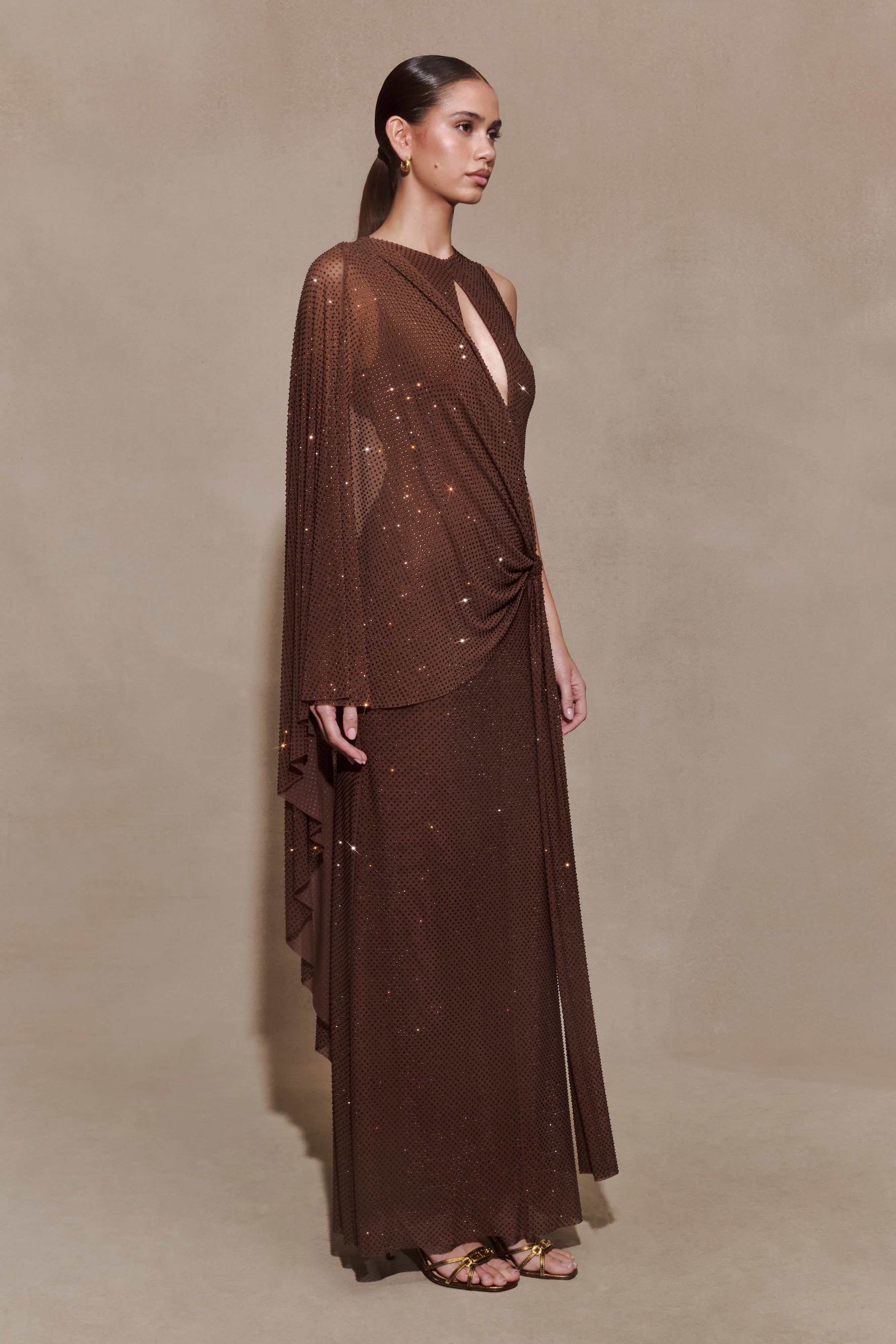 Bakari Diamante Cape Maxi Dress - Chocolate - Image 4