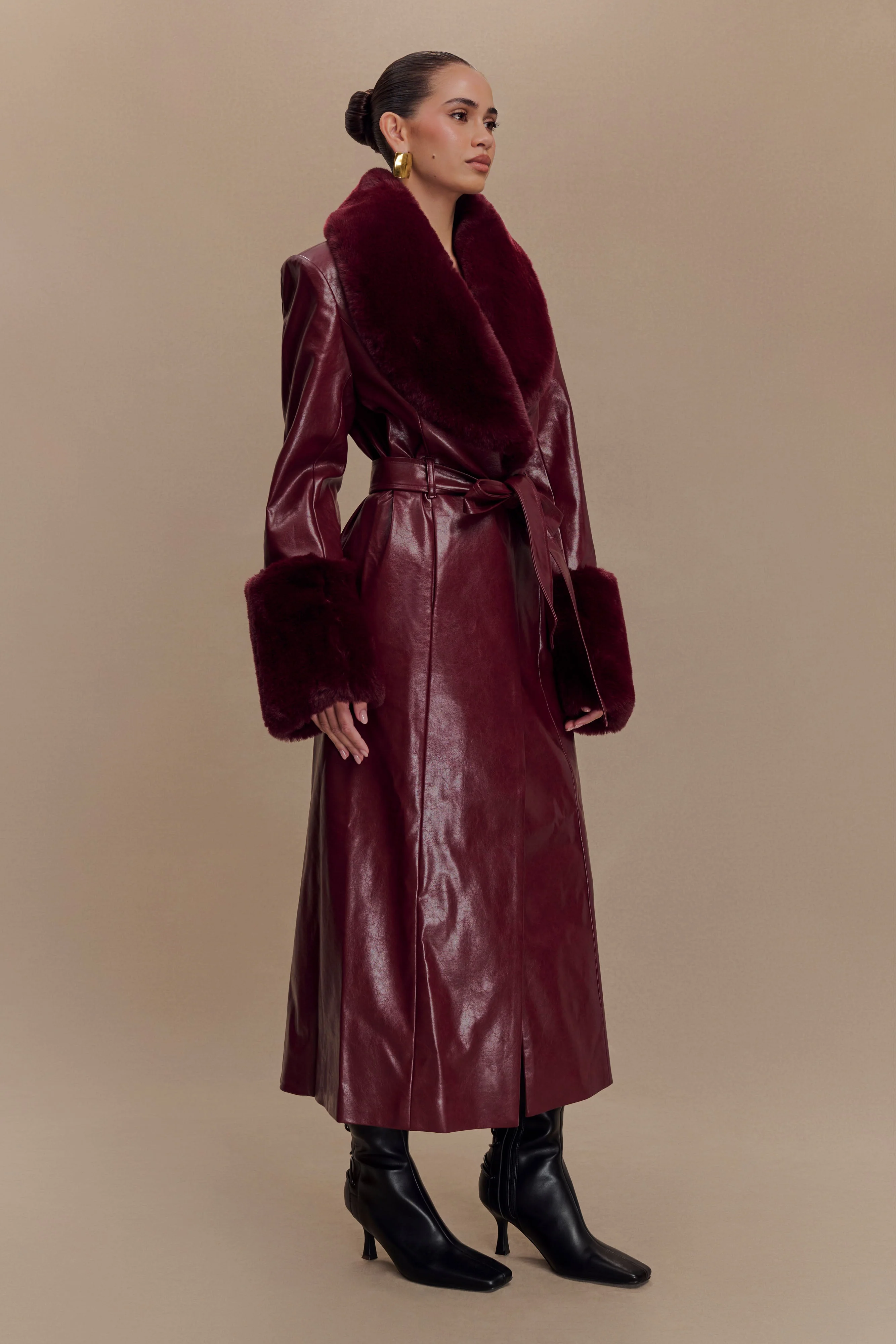 Bec Faux Leather Trench Coat With Faux Fur - Cherry Red - Image 4