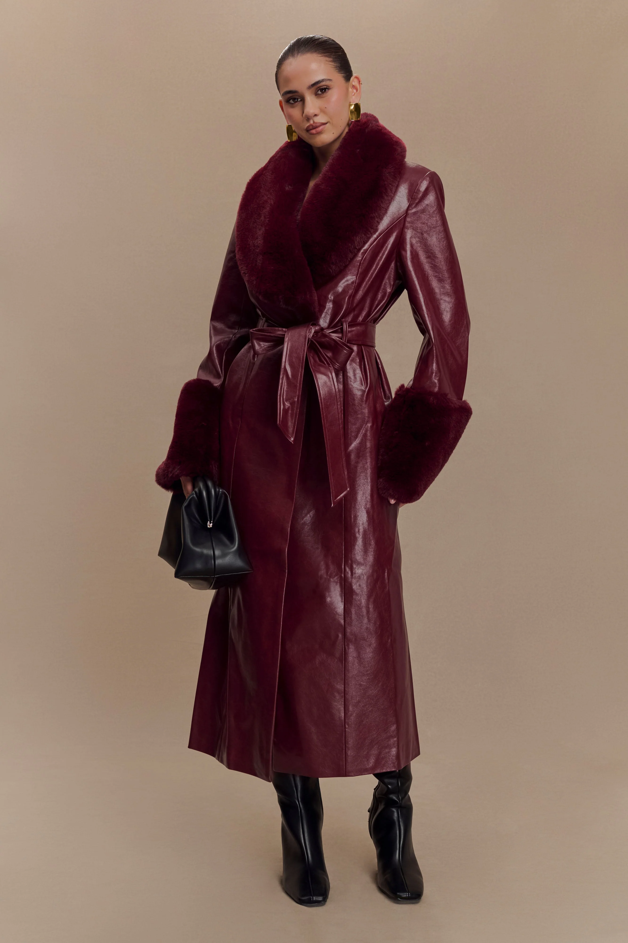 Bec Faux Leather Trench Coat With Faux Fur - Cherry Red - Image 5