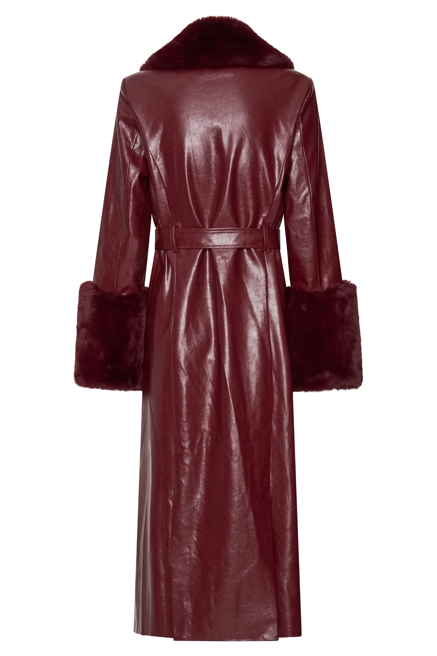 Bec Faux Leather Trench Coat With Faux Fur - Cherry Red - Image 7