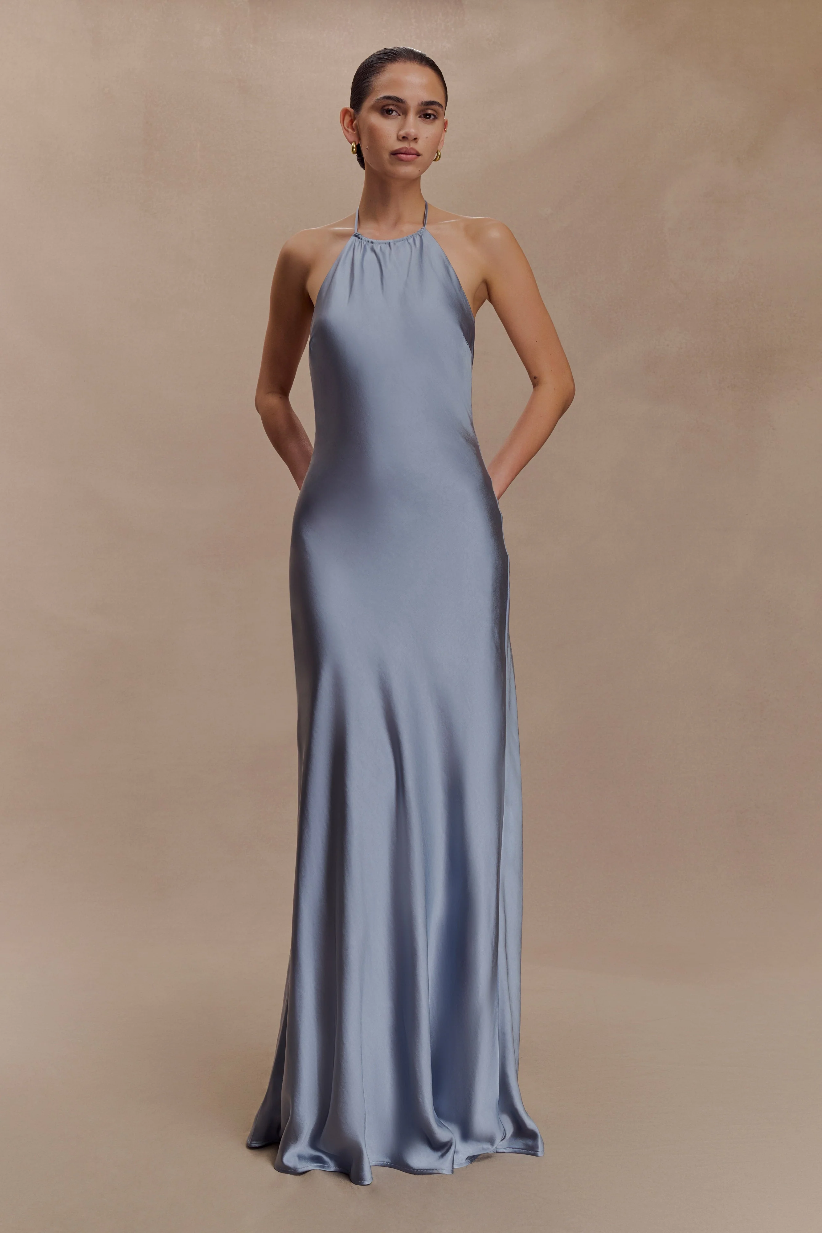 Bella Satin Halter Maxi Dress - Frosted Blue - Image 2