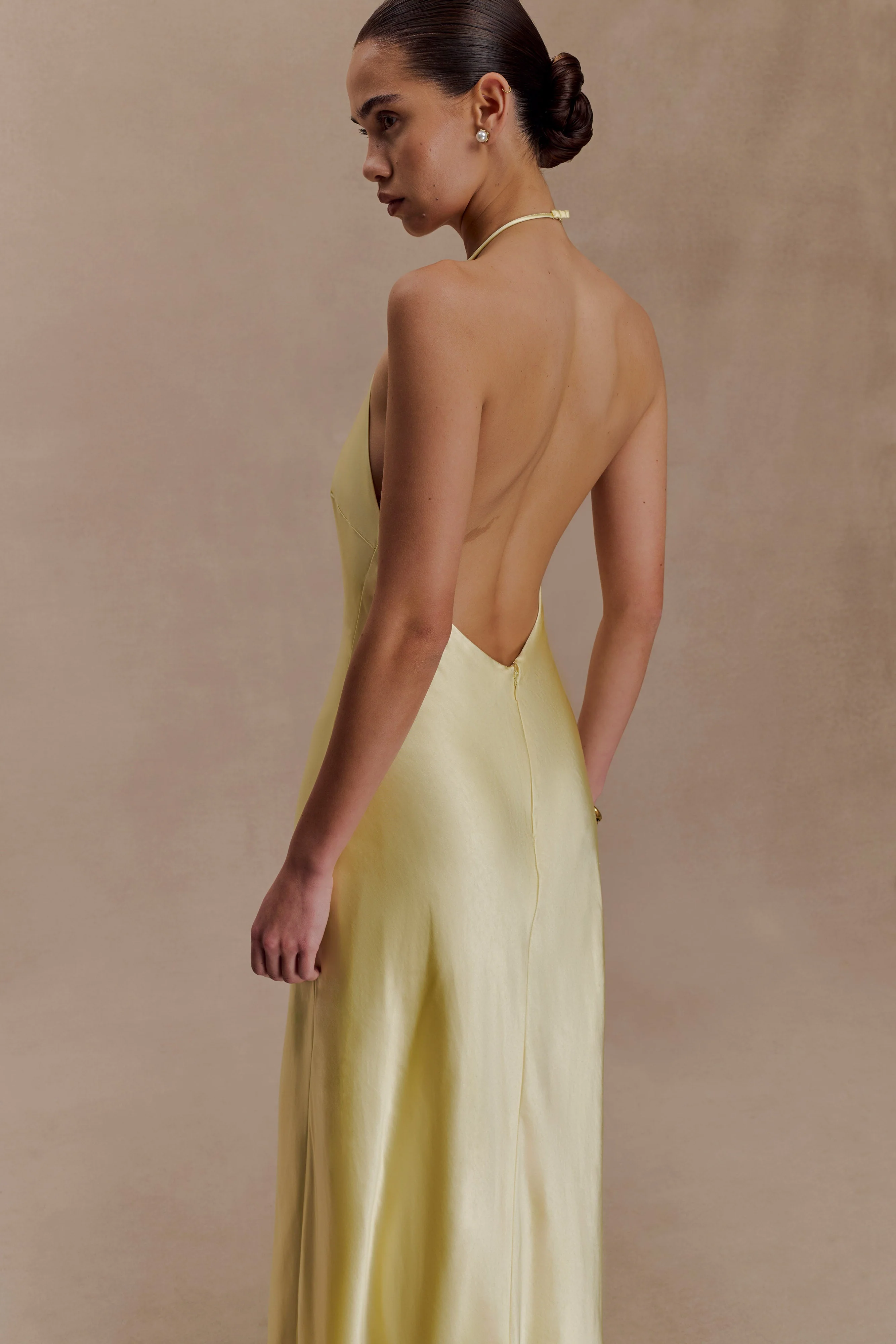 Bella Satin Halter Maxi Dress - Lemon - Image 3