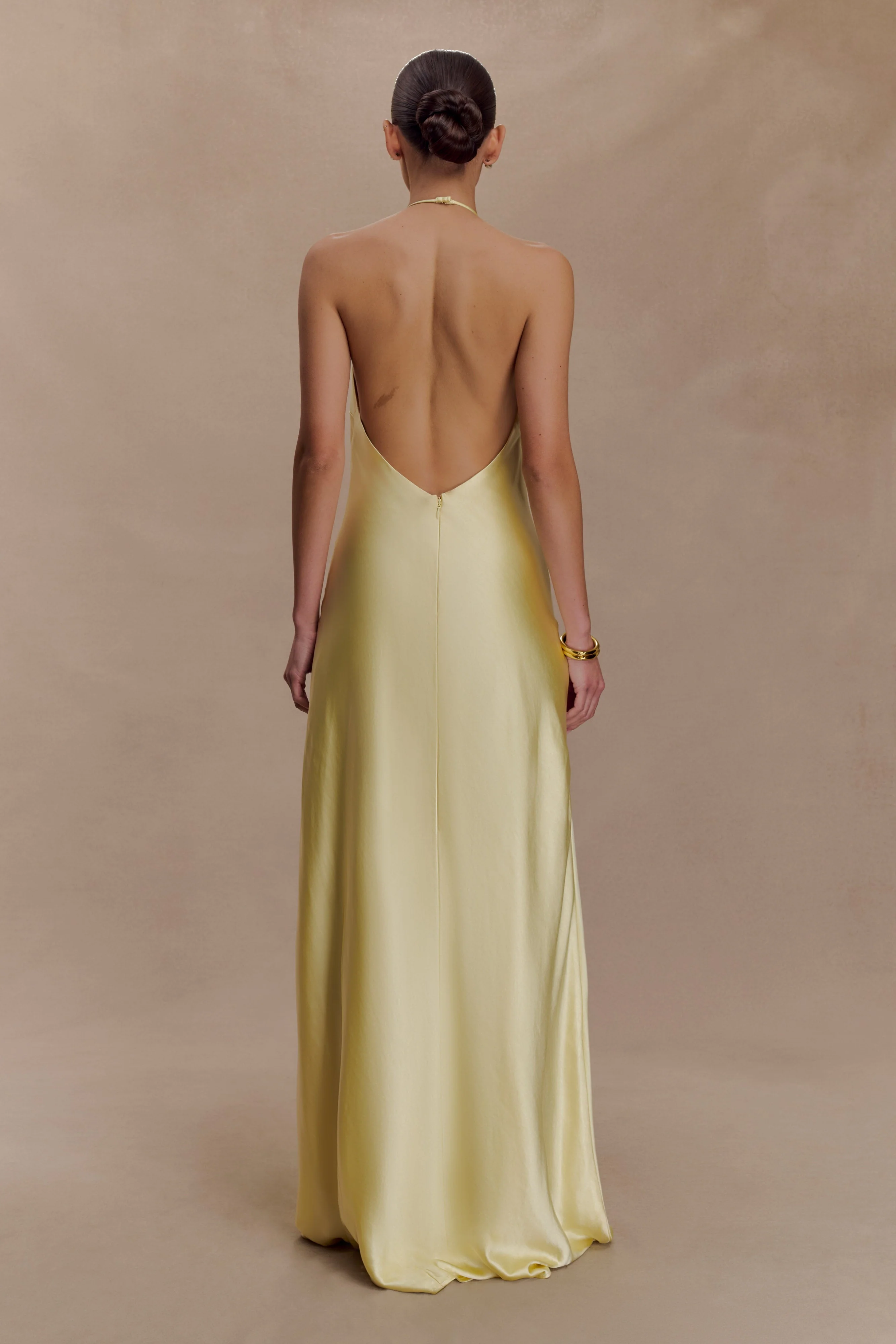 Bella Satin Halter Maxi Dress - Lemon - Image 5