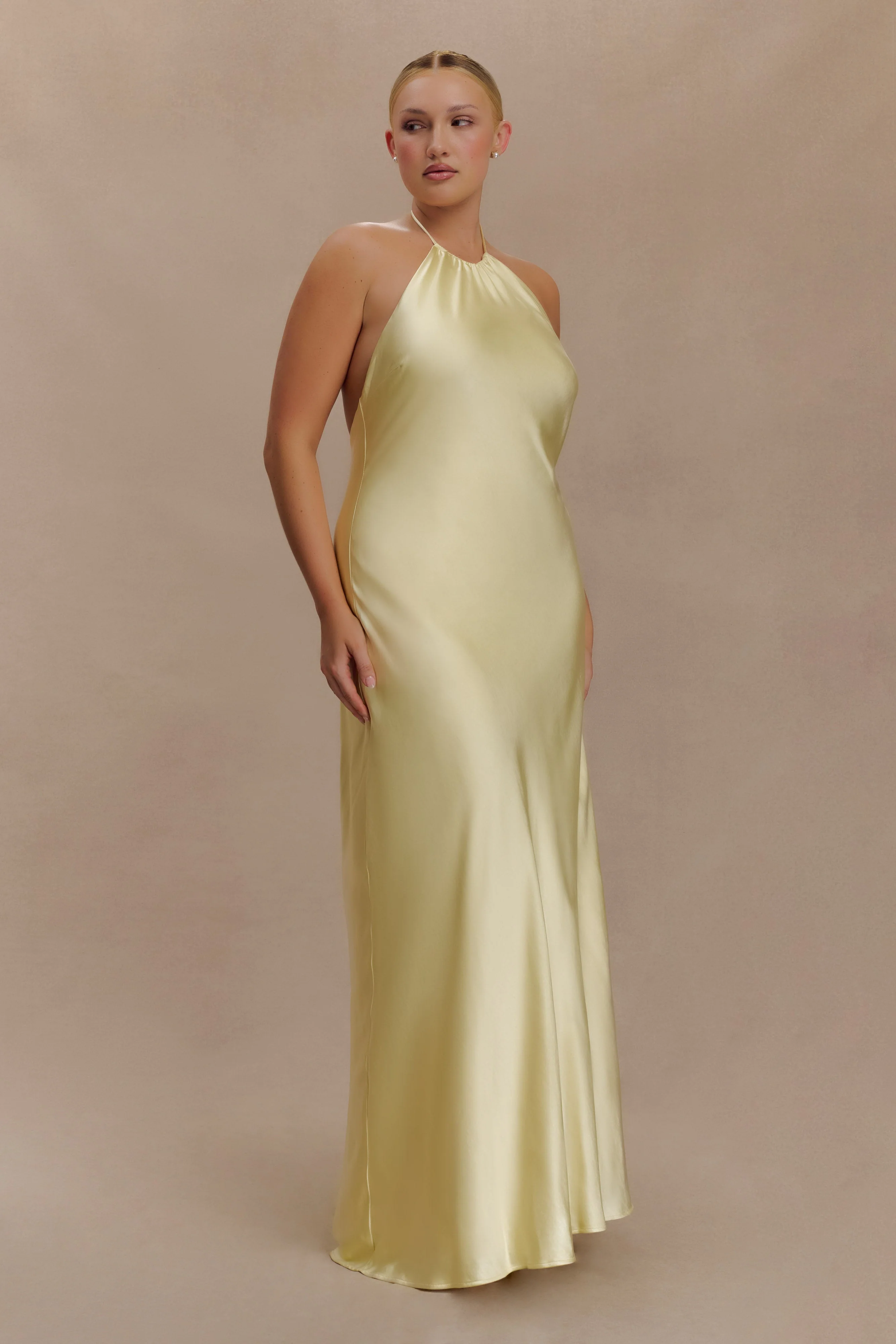 Bella Satin Halter Maxi Dress - Lemon - Image 6