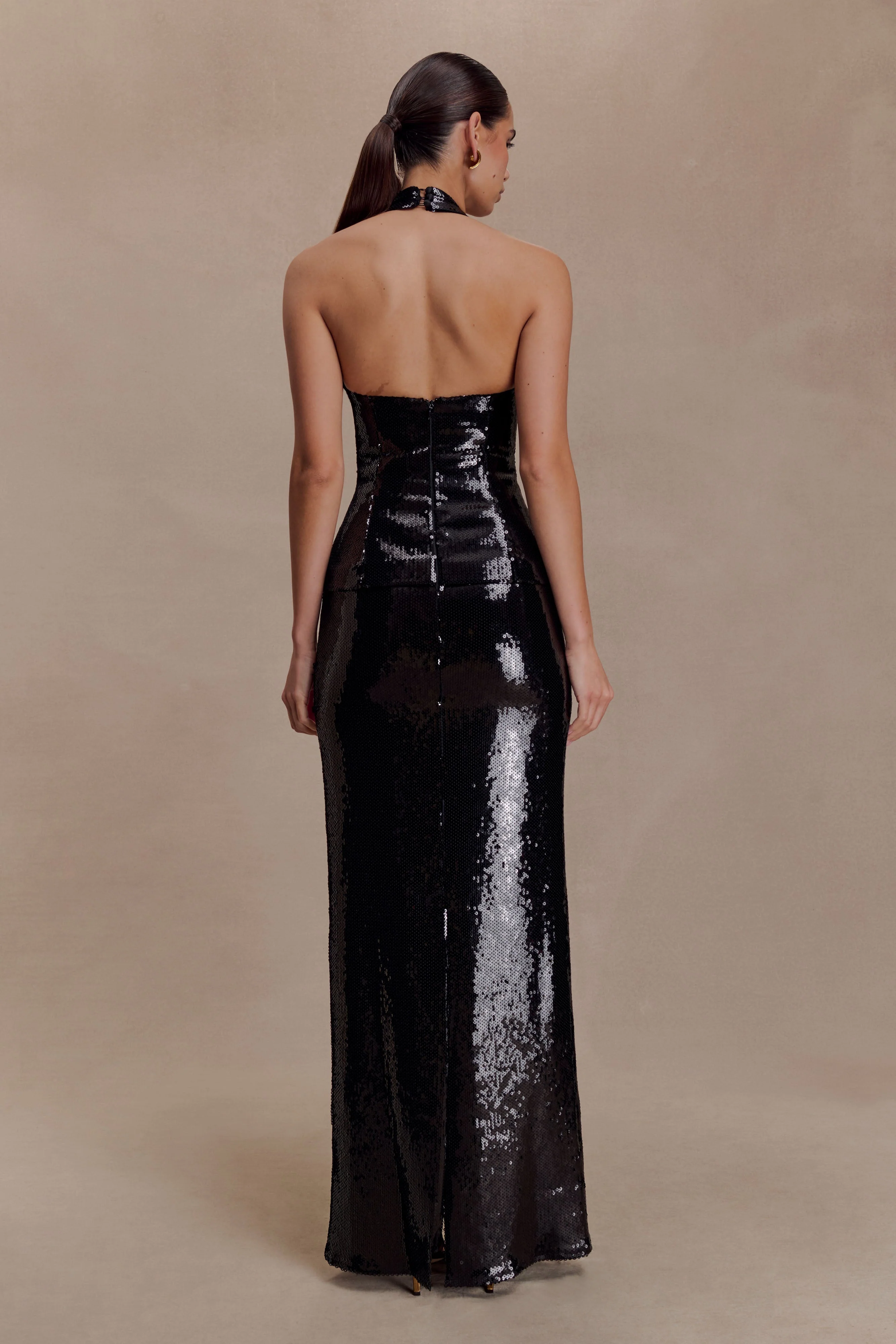 Bertie Sequin Peplum Halter Maxi Dress - Black - Image 5