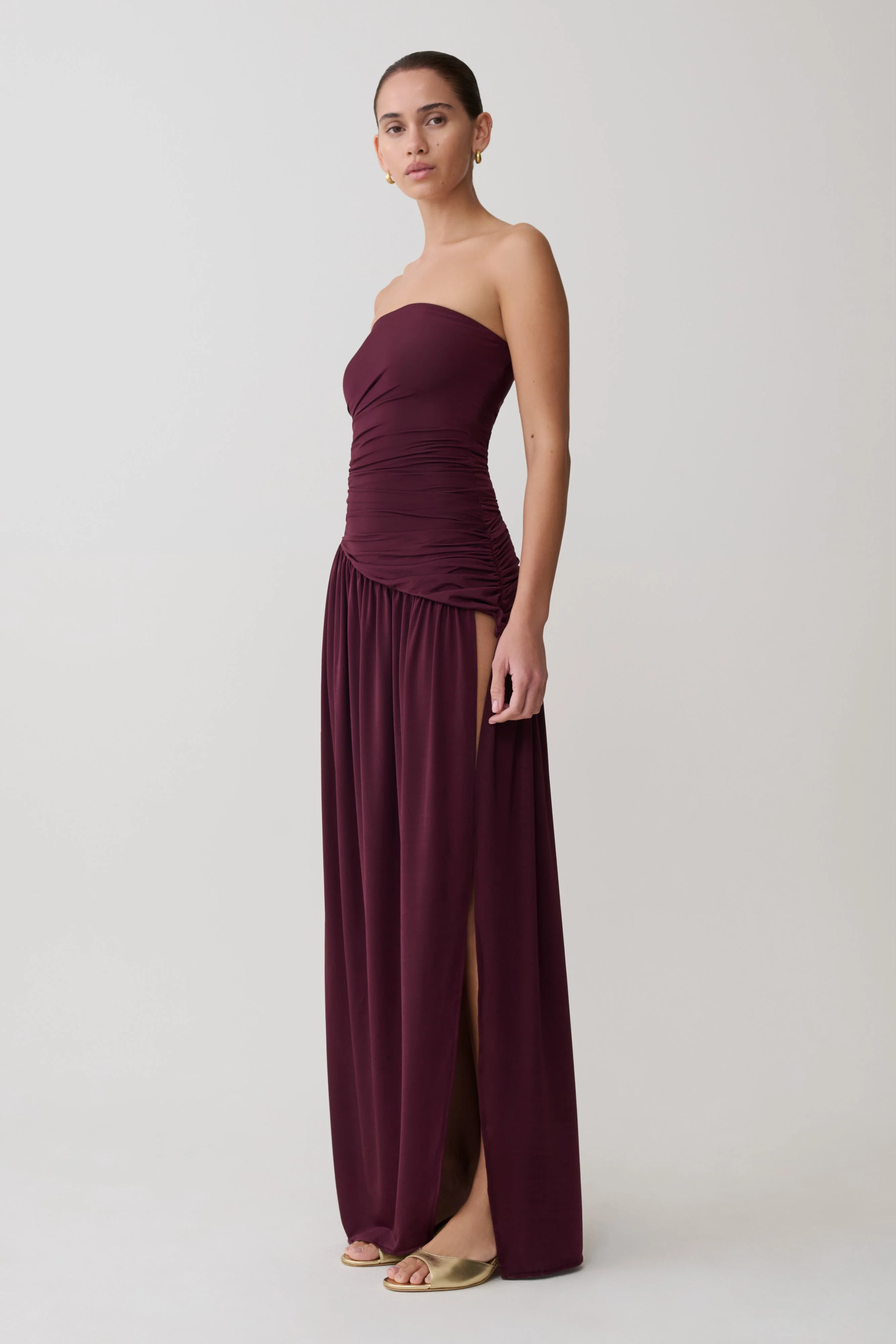 Bex Strapless Slinky Maxi Dress With Split - Burgundy - Image 3
