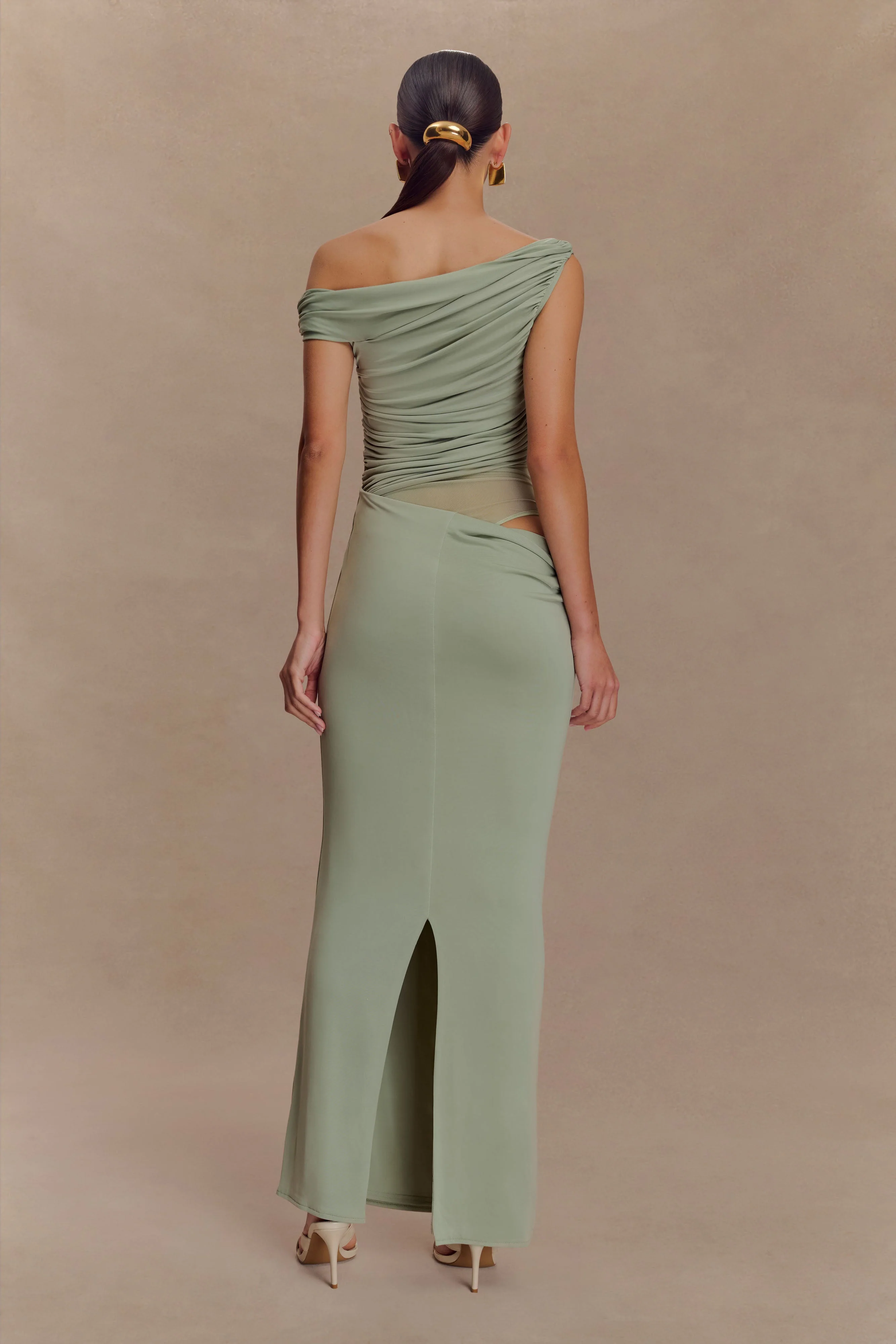 Callen One Shoulder Slinky Maxi Dress - Sage - Image 2