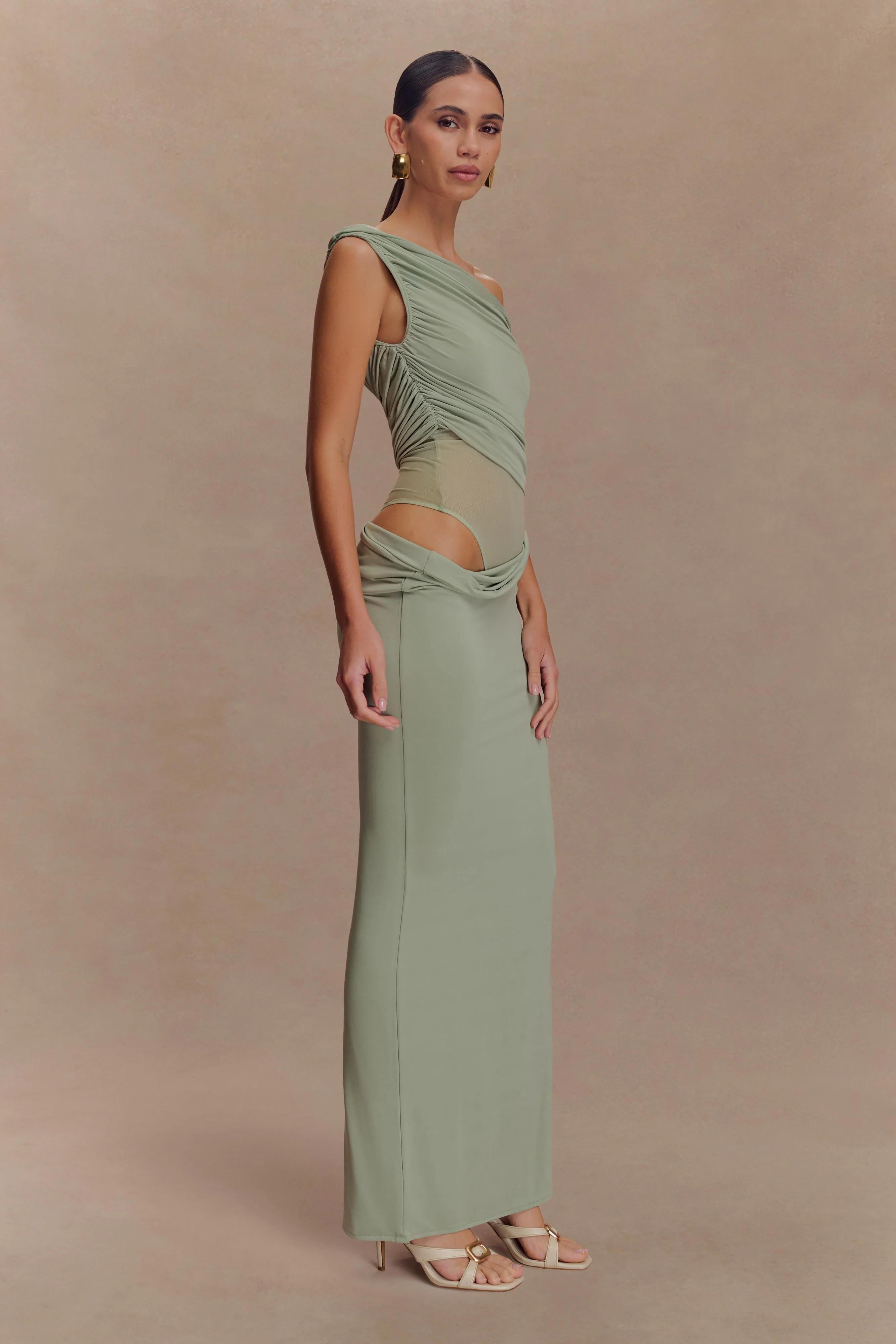 Callen One Shoulder Slinky Maxi Dress - Sage - Image 4