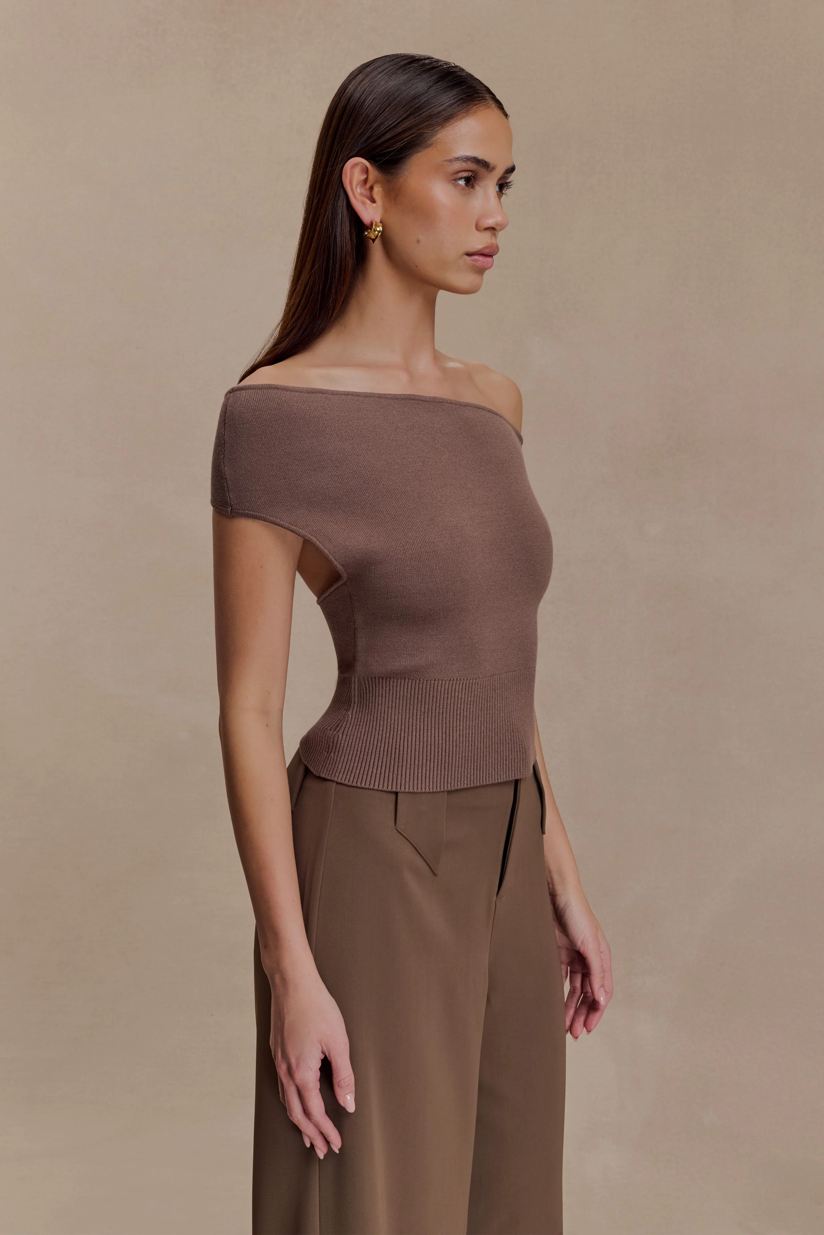 Carley Off Shoulder Knit Top - Cacao Brown - Image 3