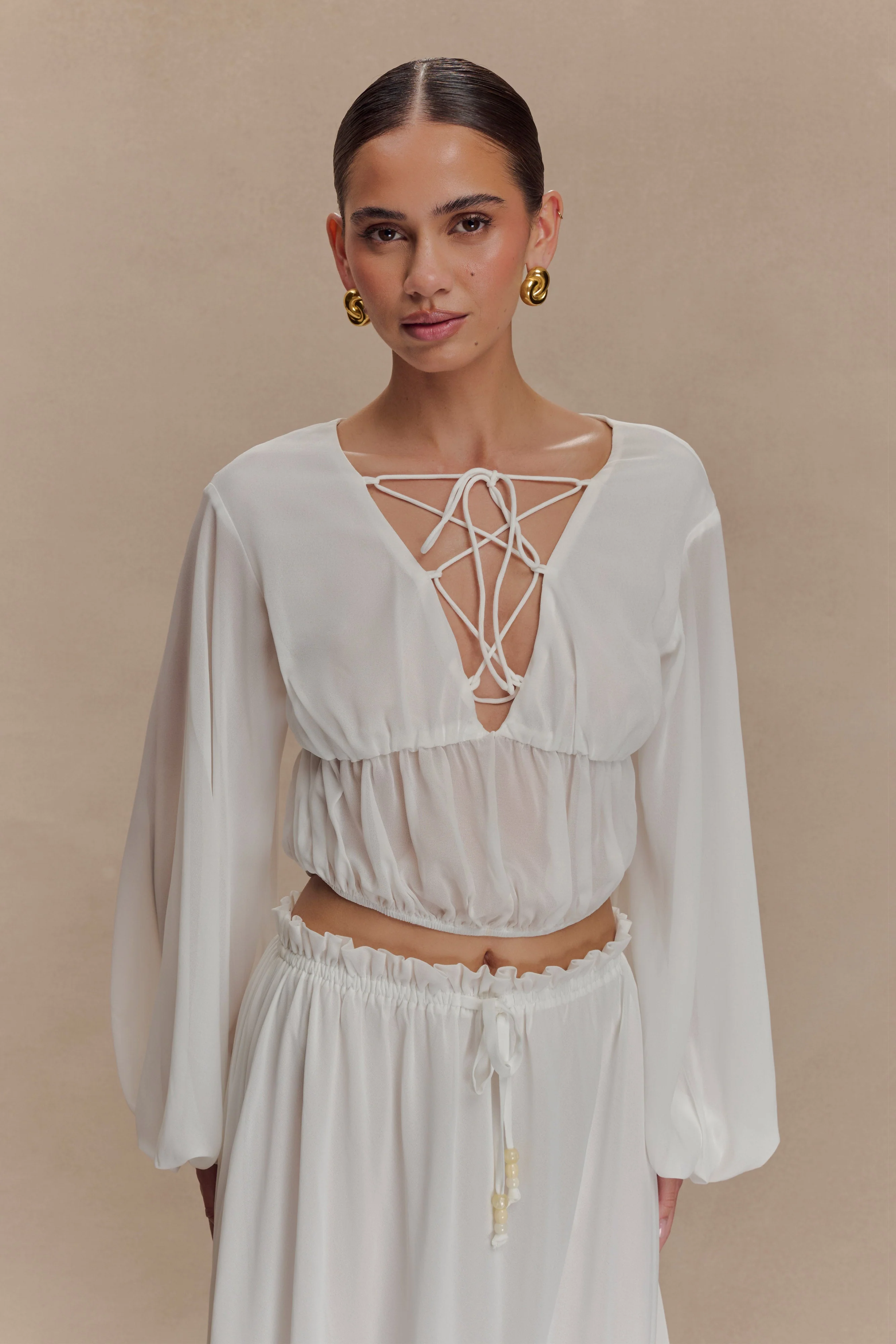 Carlie Chiffon Cross Tie Top - Ivory - Image 2