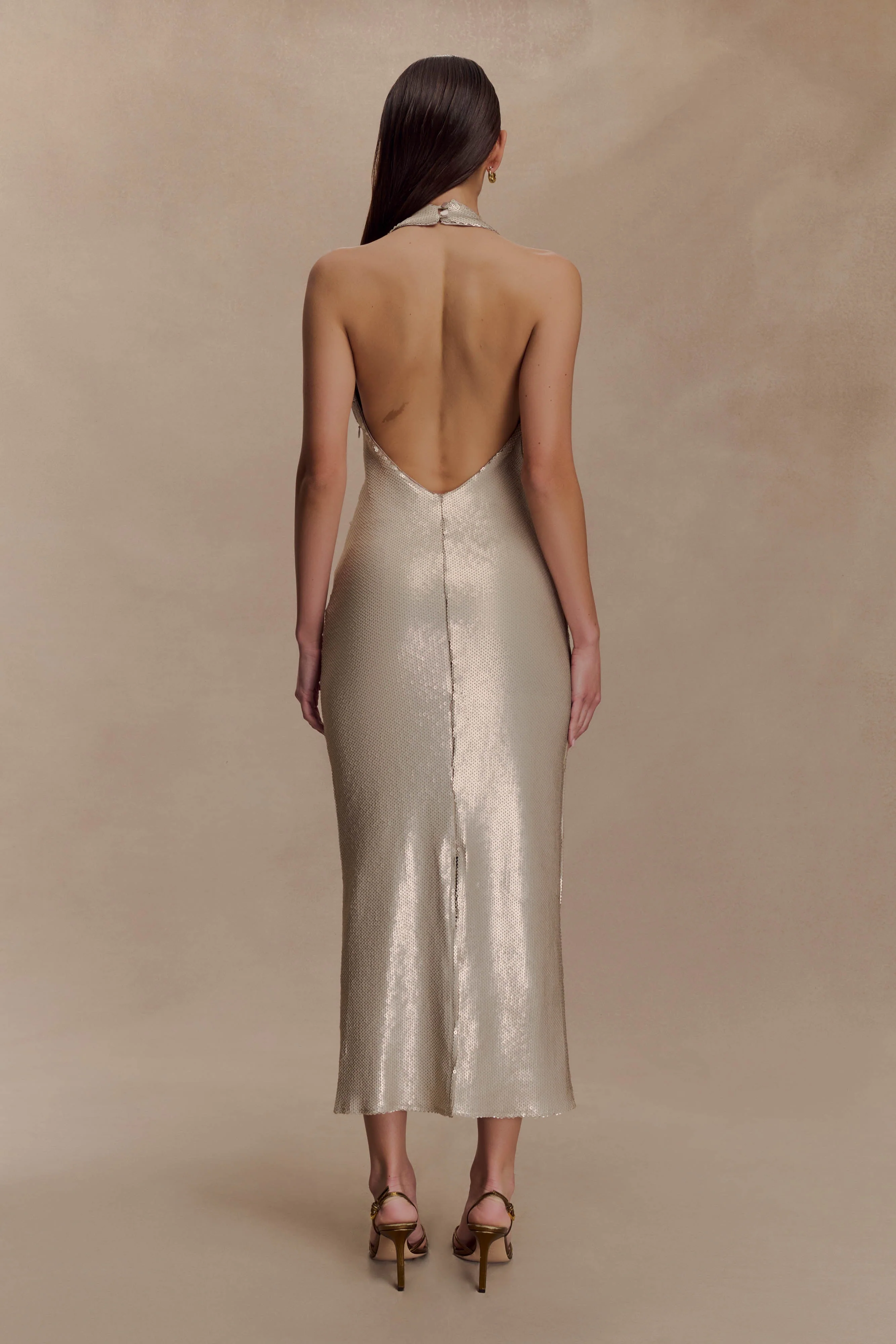 Carnation Sequin Halter Midi Dress - Gold - Image 2