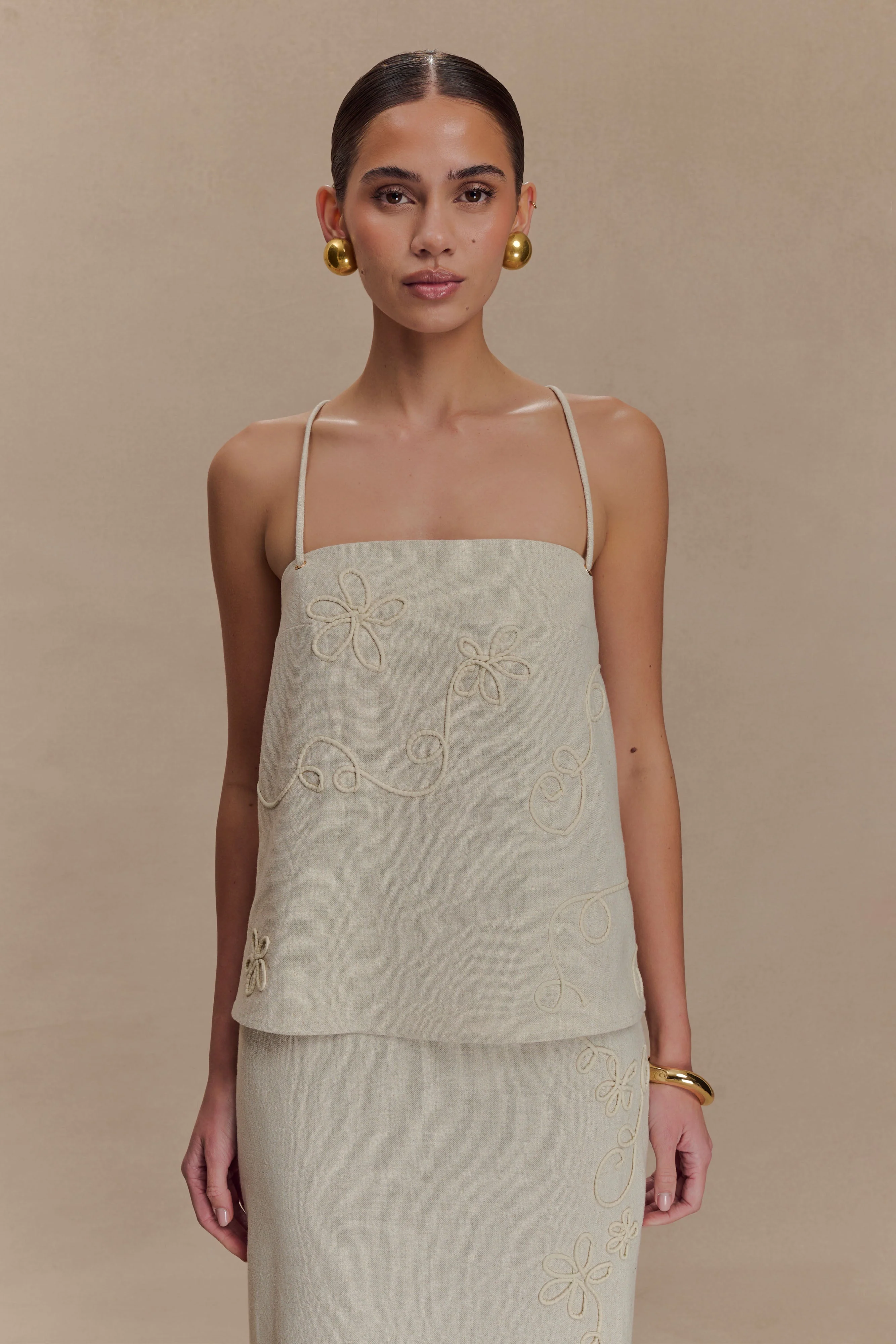 Casey Linen Corded Embroidered Linen Top - Natural - Image 3