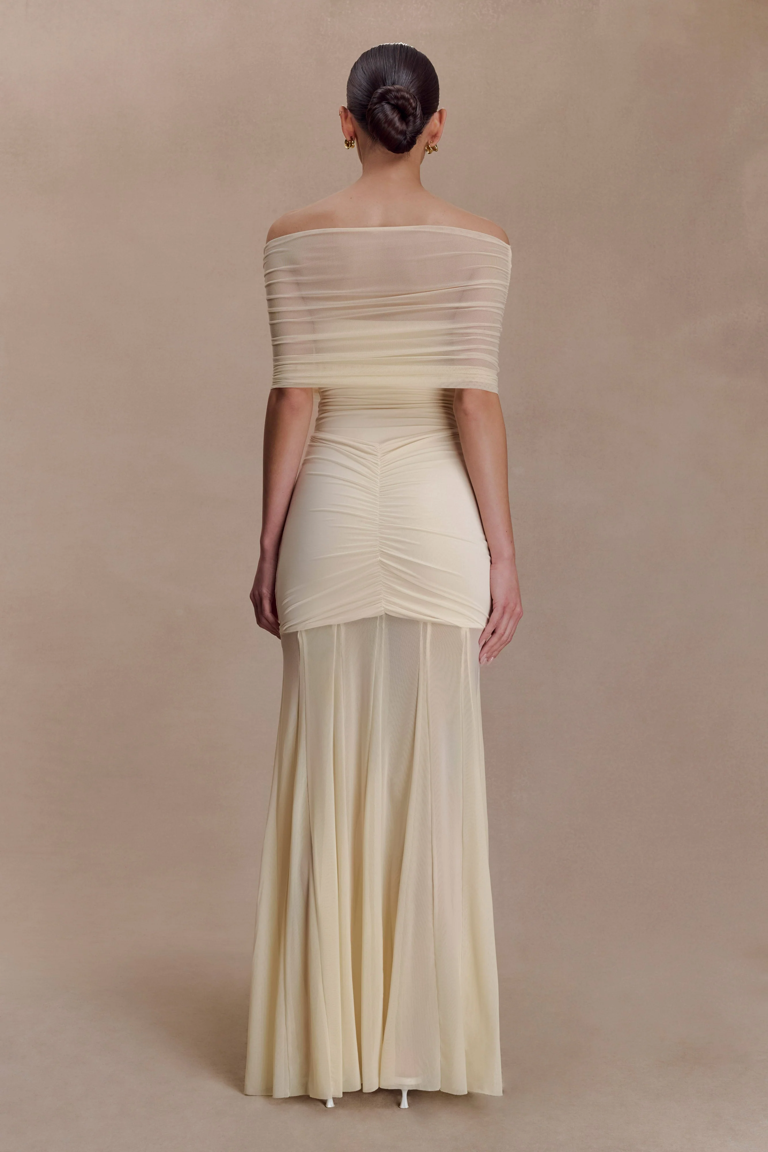 Caspian Slinky And Mesh Off Shoulder Maxi Dress - Ivory - Image 4