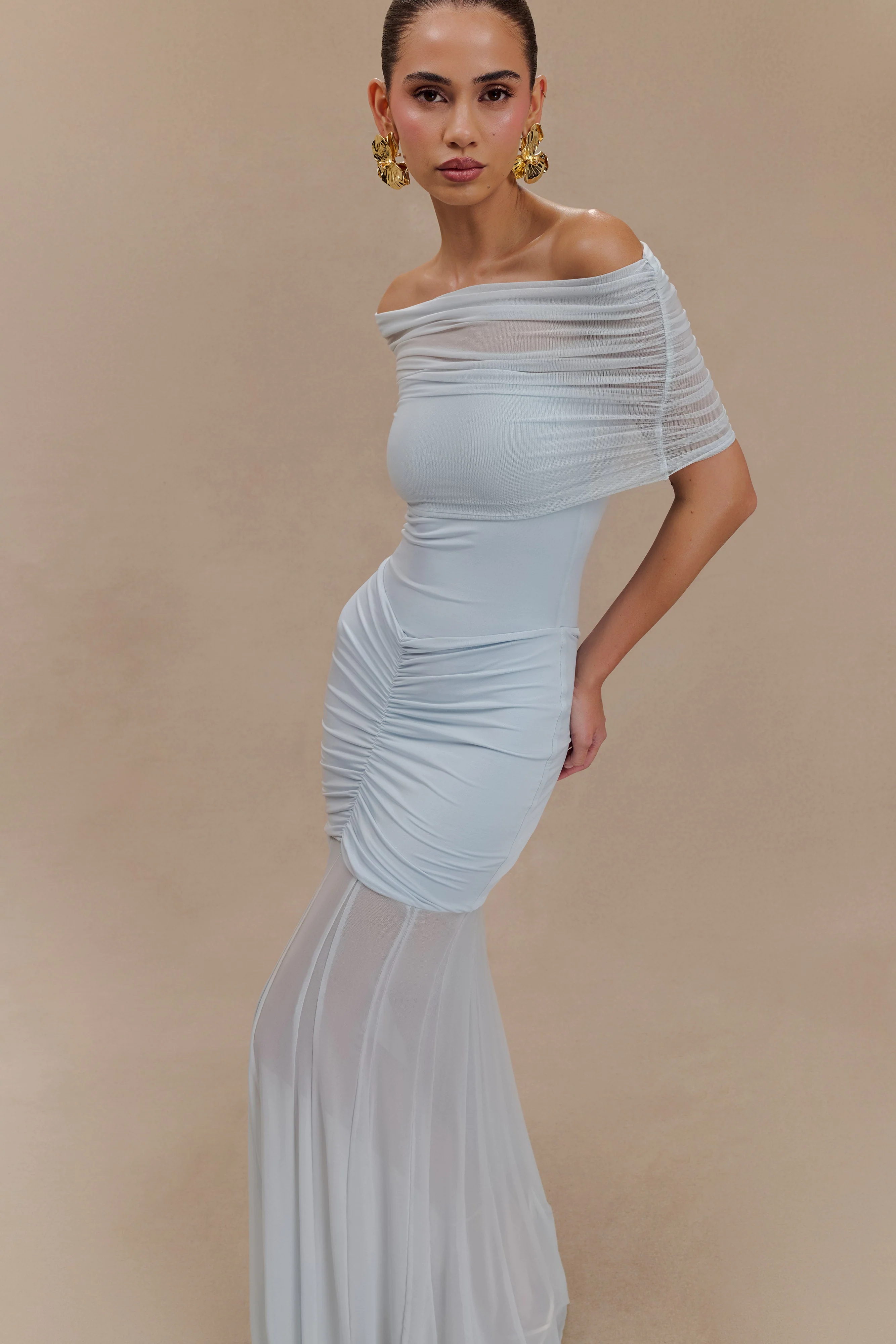 Caspian Slinky And Mesh Off Shoulder Maxi Dress - Pale Blue - Image 3