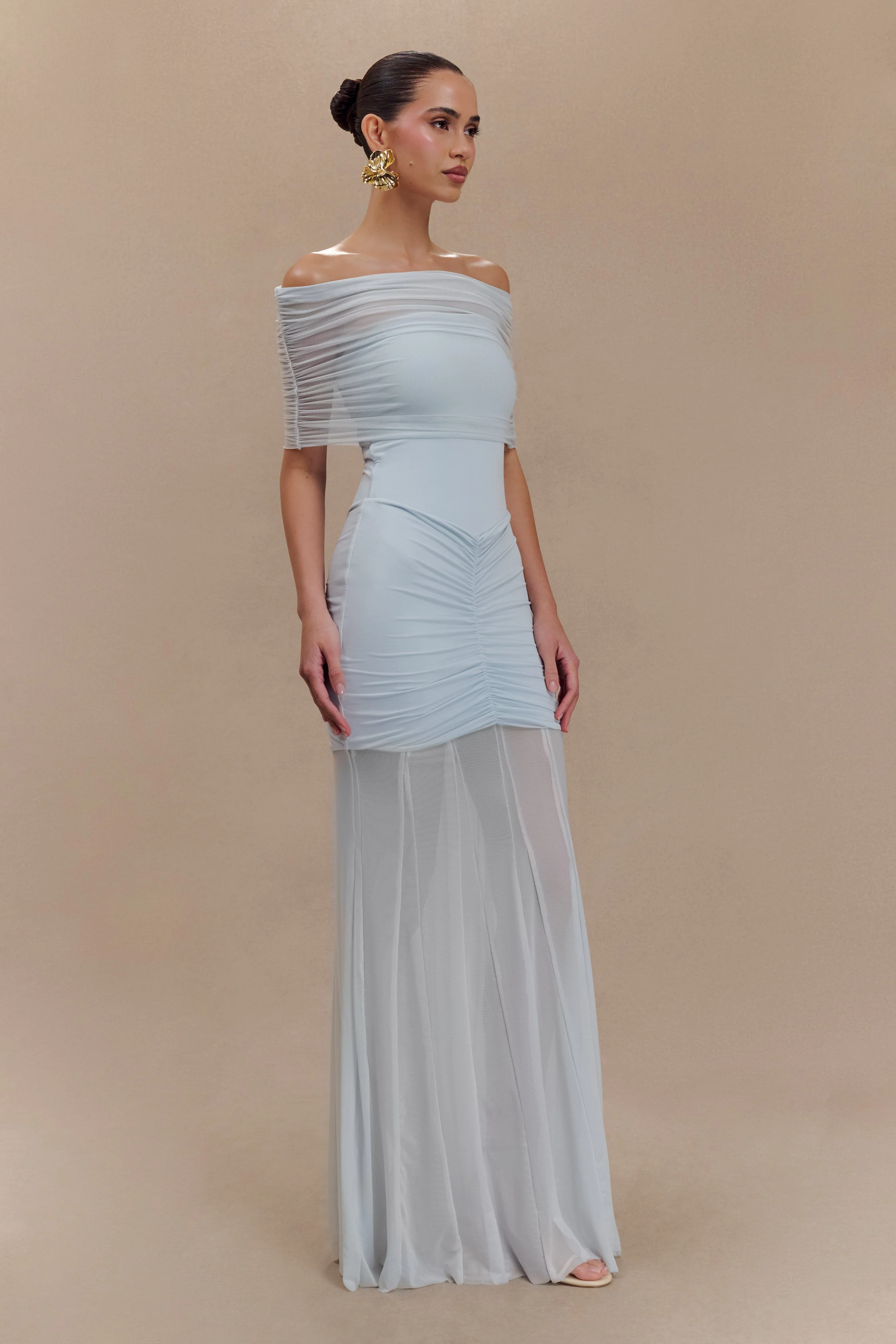 Caspian Slinky And Mesh Off Shoulder Maxi Dress - Pale Blue - Image 4