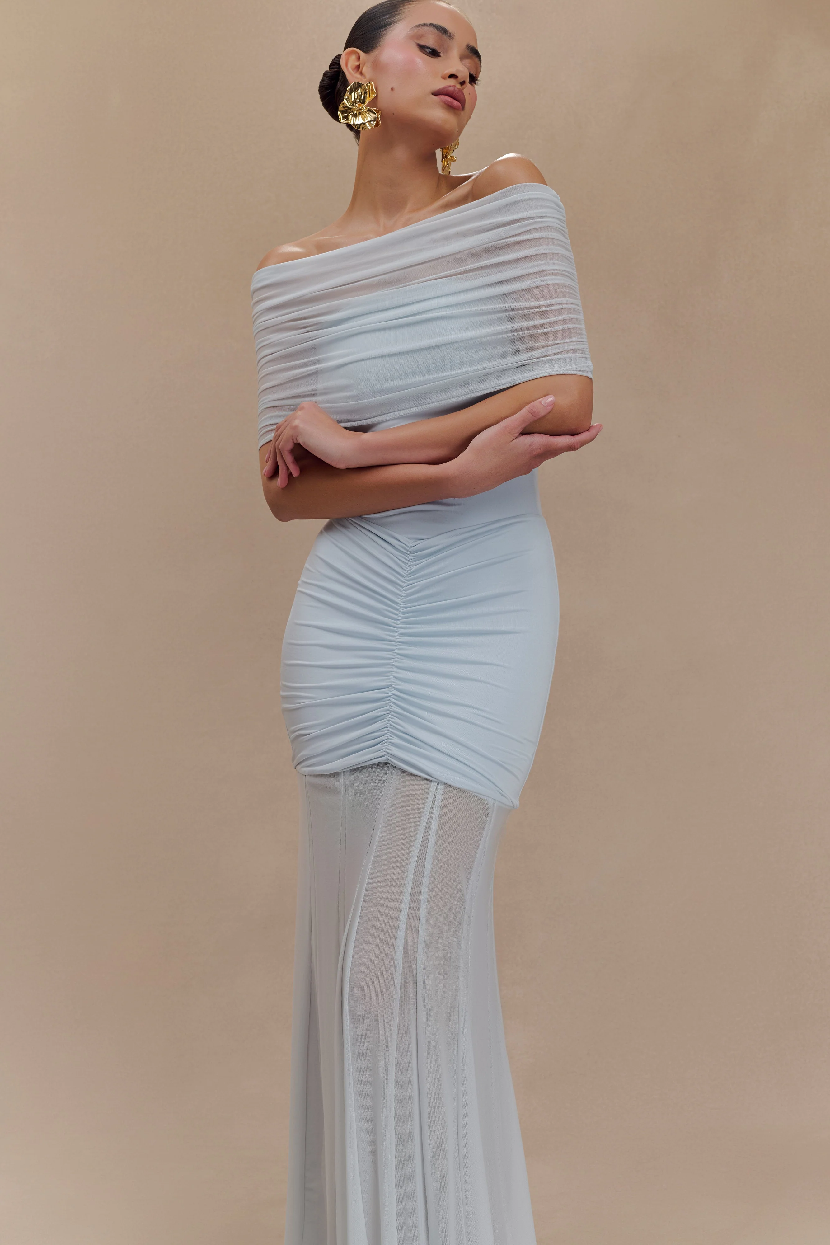 Caspian Slinky And Mesh Off Shoulder Maxi Dress - Pale Blue - Image 6