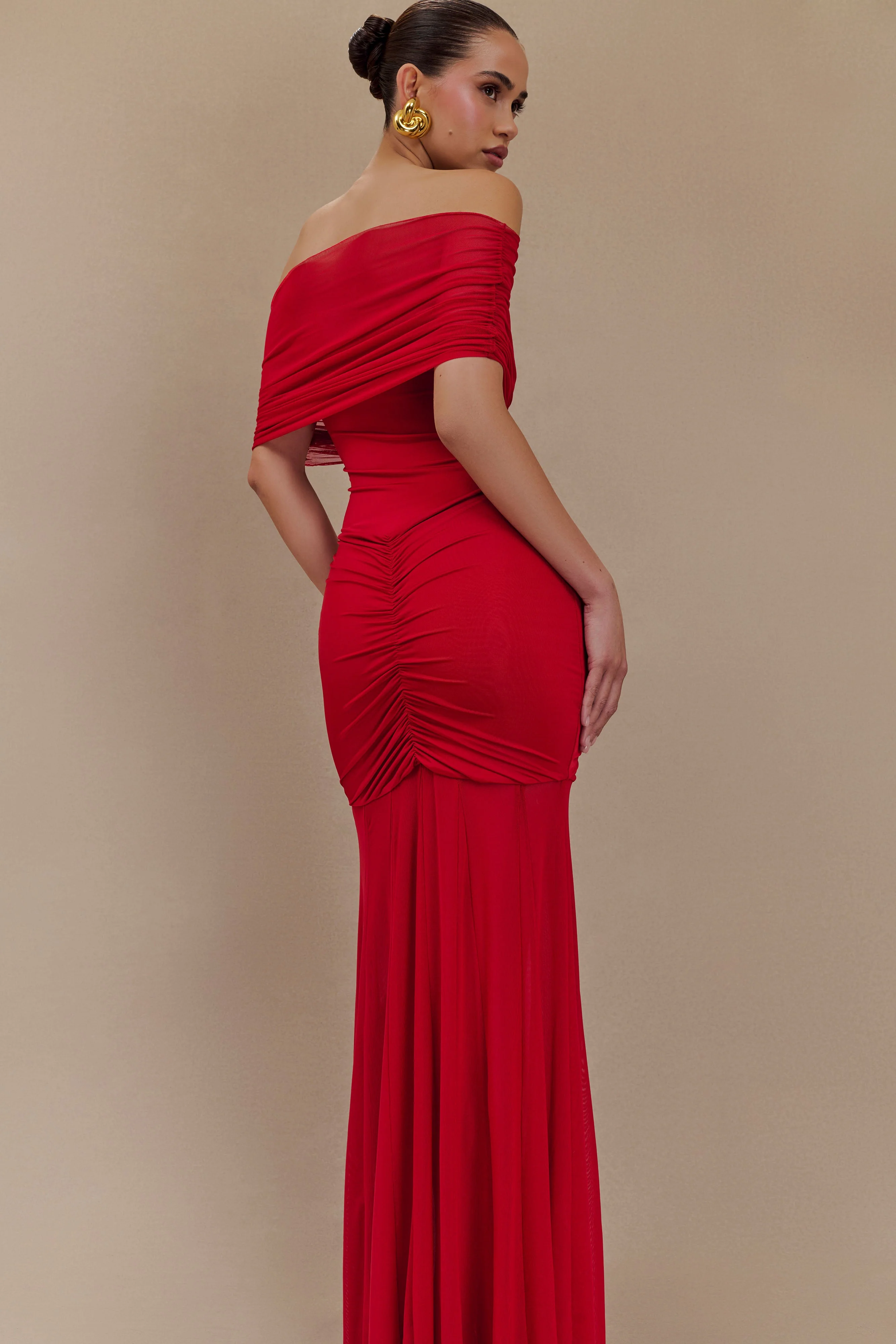 Caspian Slinky And Mesh Off Shoulder Maxi Dress - Ruby - Image 5