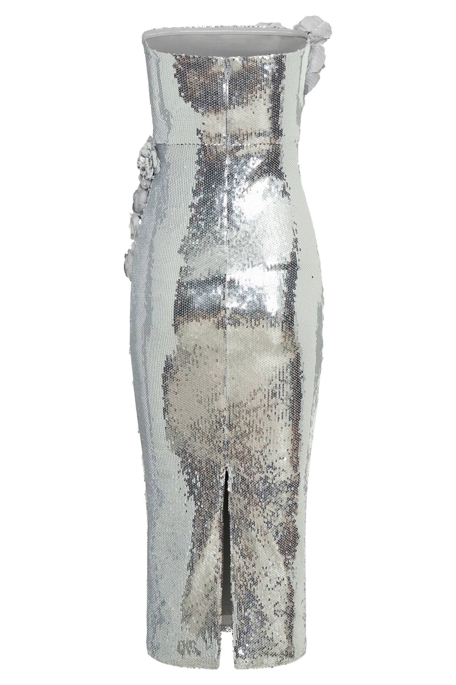 Cassia Strapless Sequin Rose Midi Dress - Silver - Image 6