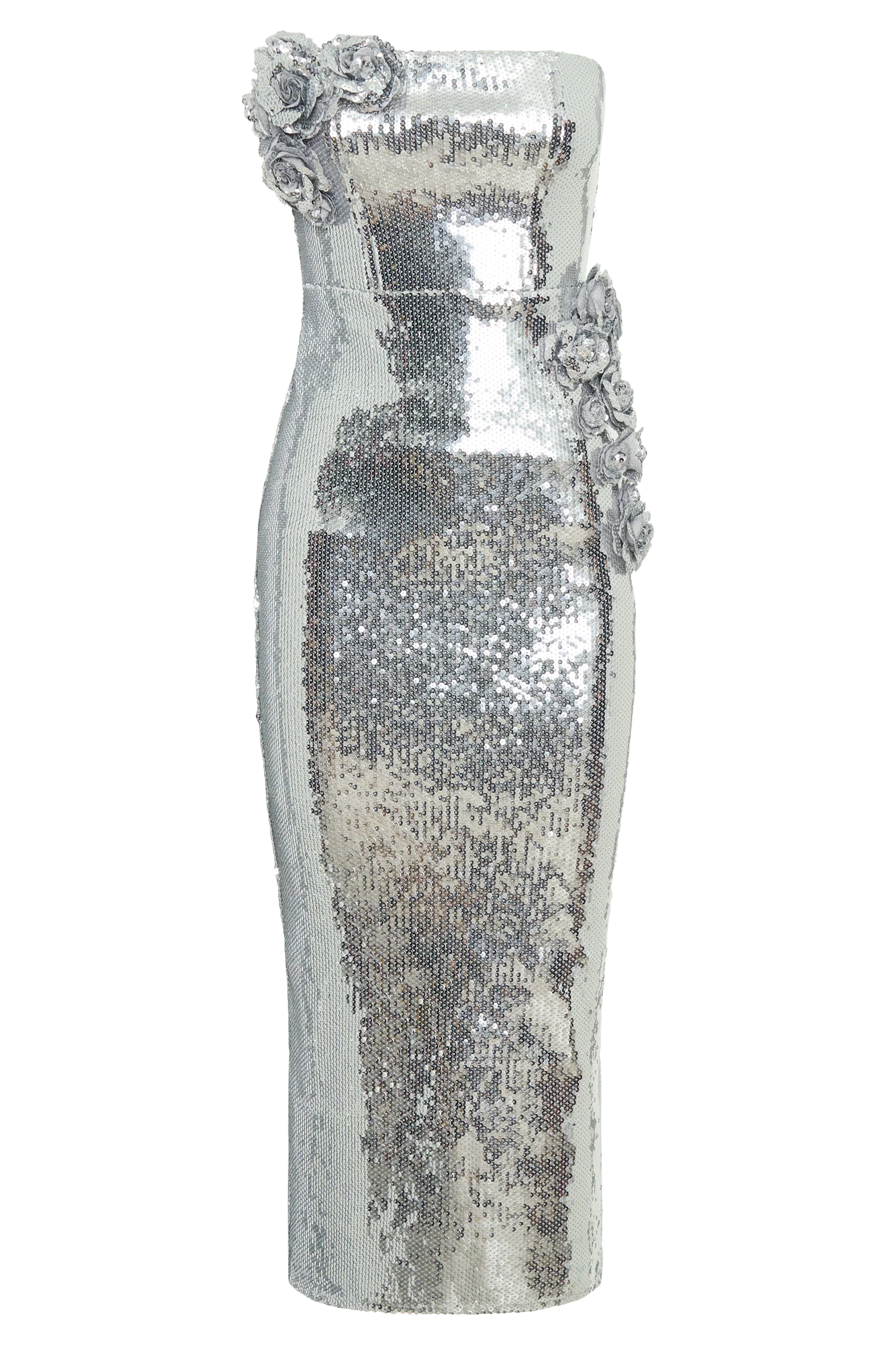 Cassia Strapless Sequin Rose Midi Dress - Silver - Image 7